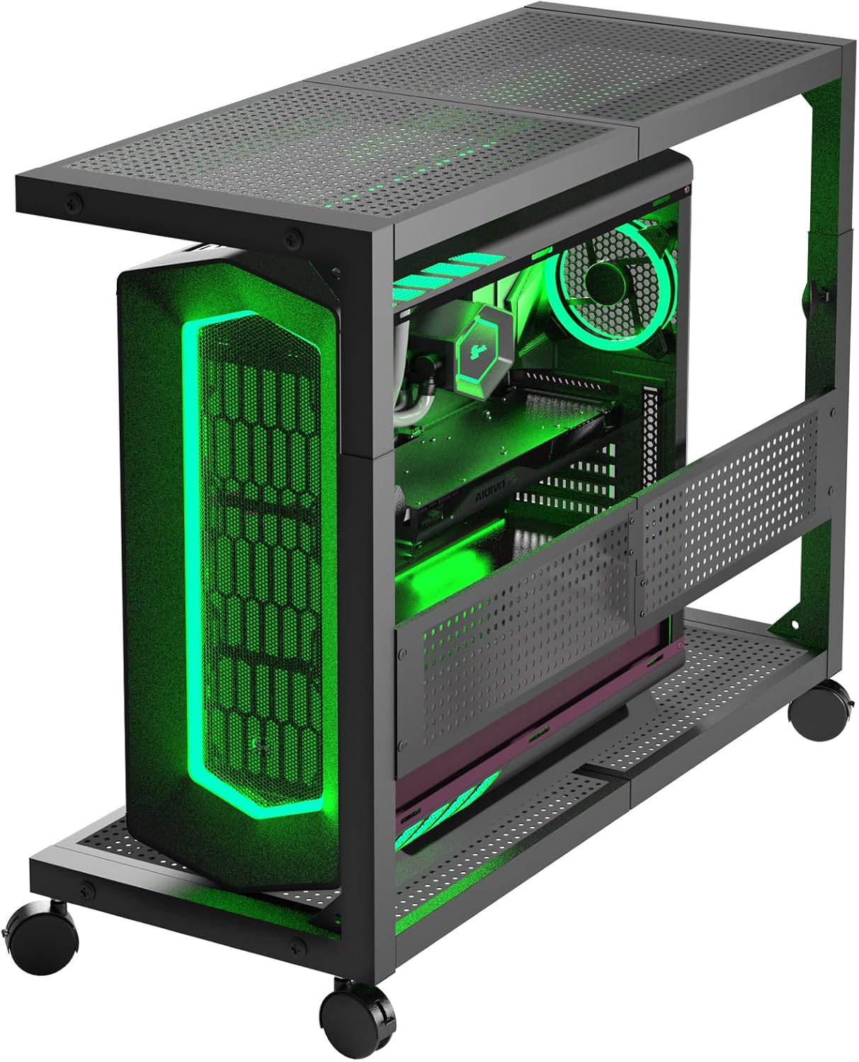 Moricher Computer Tower Stand - Height Adjustable 2-Tier ATX-Case PC Stand Printer Rack Pegboard with Rolling Wheels & Mousepad for Home Office Gaming Accessories