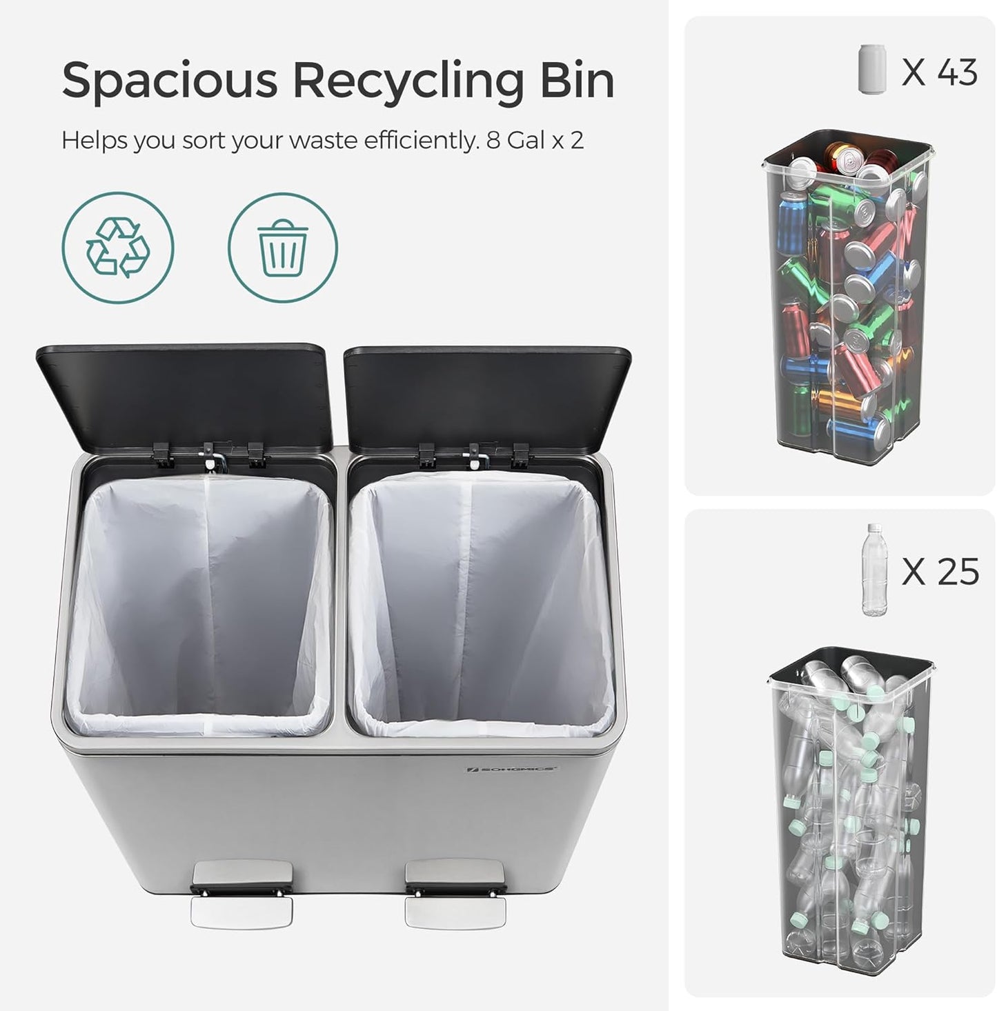 SONGMICS Trash Can, 2 x 8 Gallon (2 x 30 L) Garbage Can for Kitchen, with 15 Trash Bags, 2 Compartments, Plastic Inner Buckets and Hinged Lids, Airtight, Silver and Black ULTB60NL