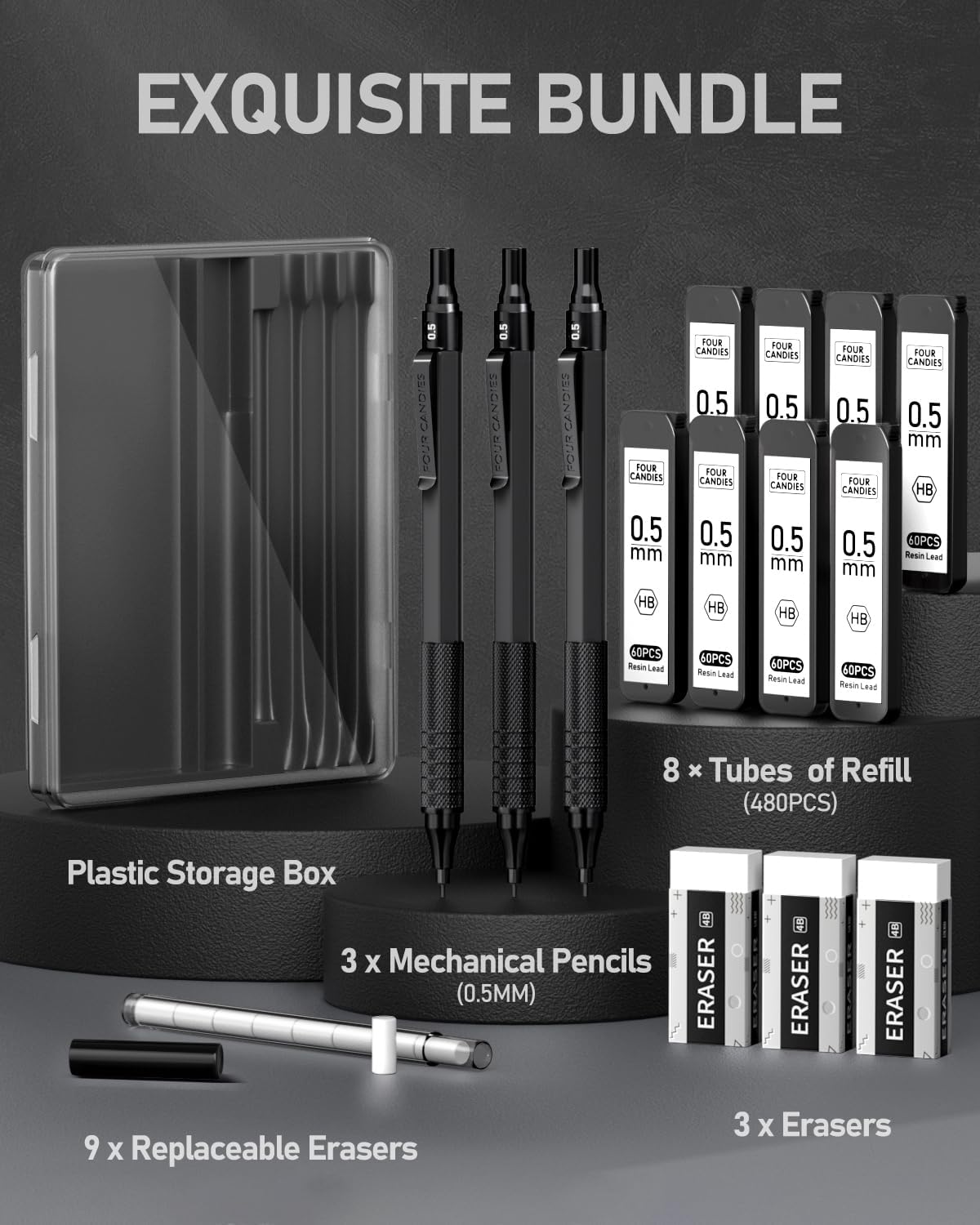 Four Candies 0.5mm Mechanical Pencil Set with Case, 3PCS Metal Artist Lead Pencil with 8 Tubes (480PCS) HB Lead Refills, 3 Erasers, 9 Eraser Refills For Engineer Art Writing Drawing Drafting, Black