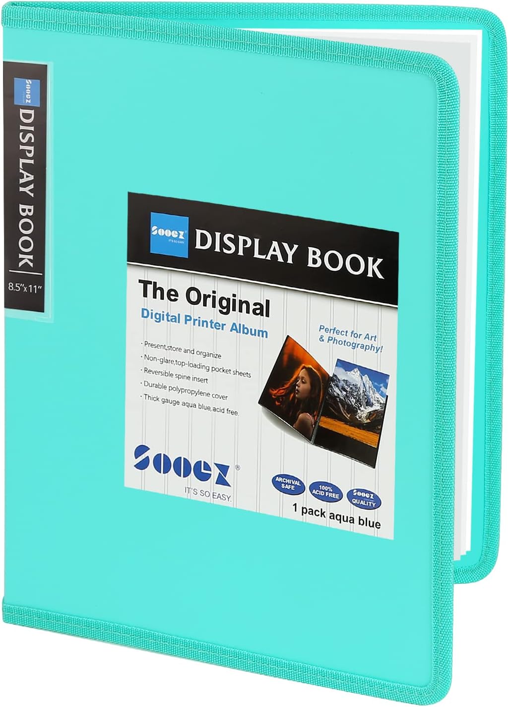 Sooez 30-Pocket Binder with Plastic Sleeves 8.5x11 (Aqua), Heavy Duty Art Portfolio Folder with Clear Sheet Protectors, Display 60 Pages, Presentation Book for Artwork, Document Organizer Binder