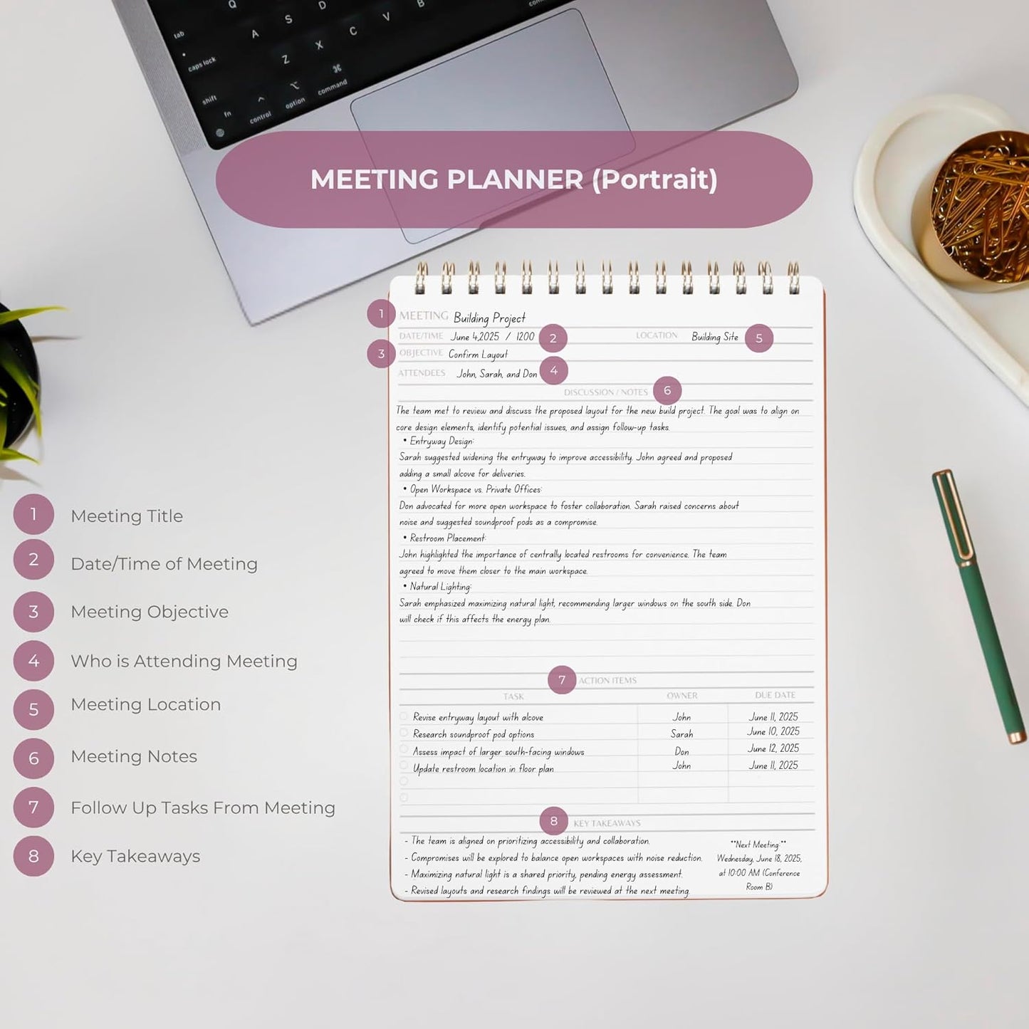 | Meeting Notebook for Work | 8.25" x 11.75" | Project Planner | Simple Design | Multiple Layouts | Office and Business Planner (Pink, Meeting Planner - Portrait)