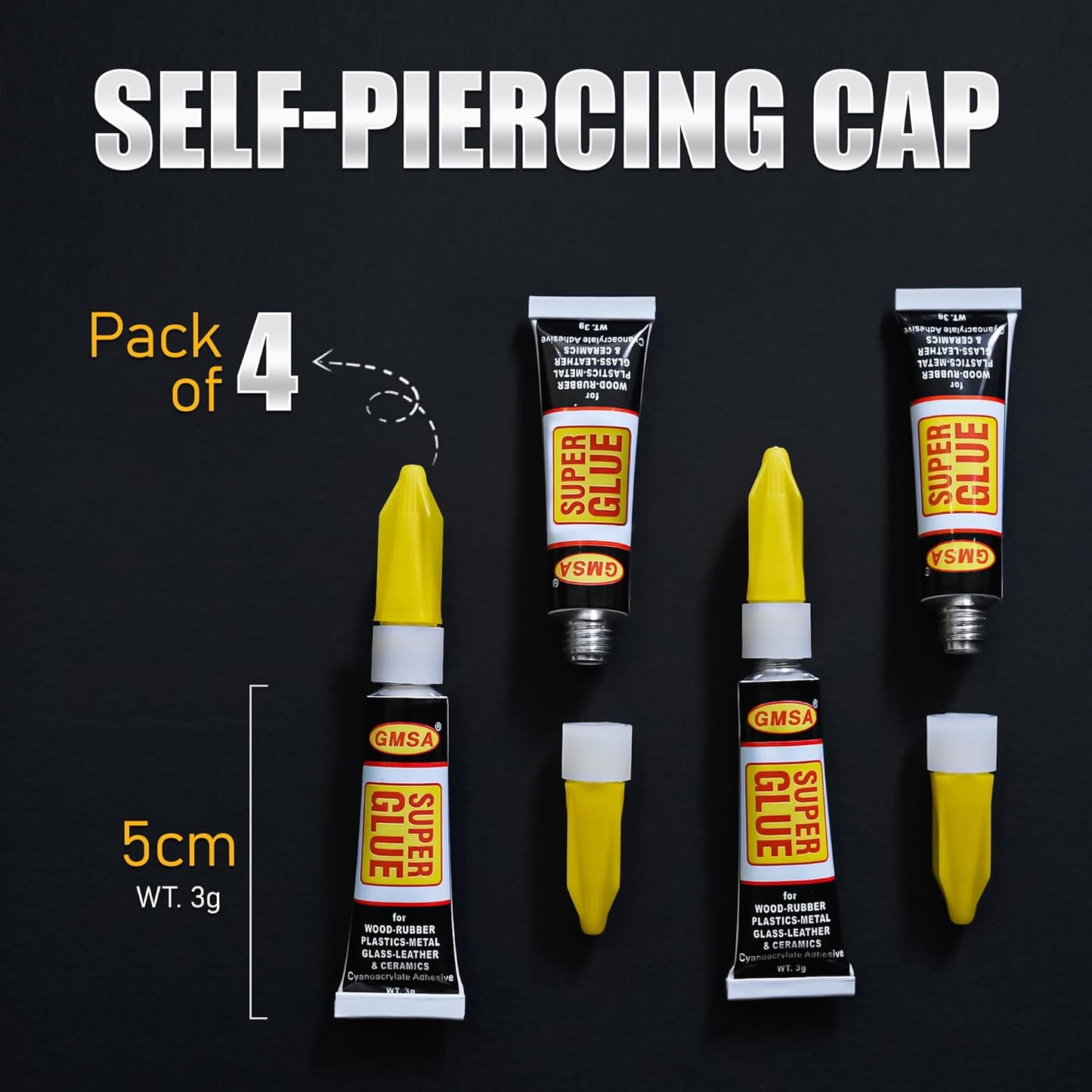4 Pack Super Glue All Purpose, Fastest & Toughest Adhesive 3g Instant Repair Unbreakable Bond, Strong Superglue Liquid for Hard Plastic, Rubber, Metal, Leather, Ceramics, Wood, DIY Craft