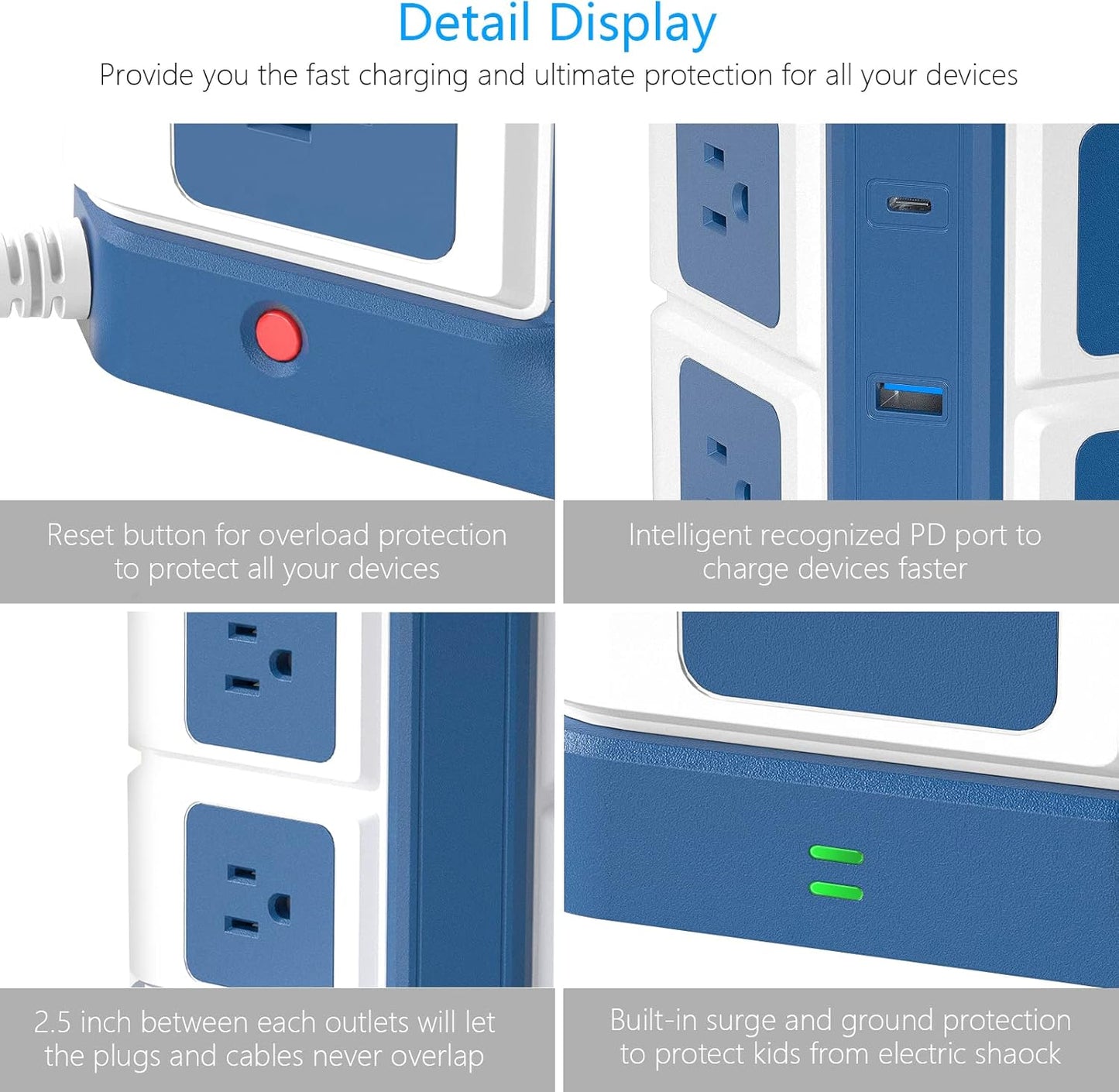 Power Strip Tower with PD20W USB C, BESTEK 8-Outlet and USB Charging Ports 2100 Joules Surge Protector, 5 Feet Extension Cord Flat Plug, ETL Listed