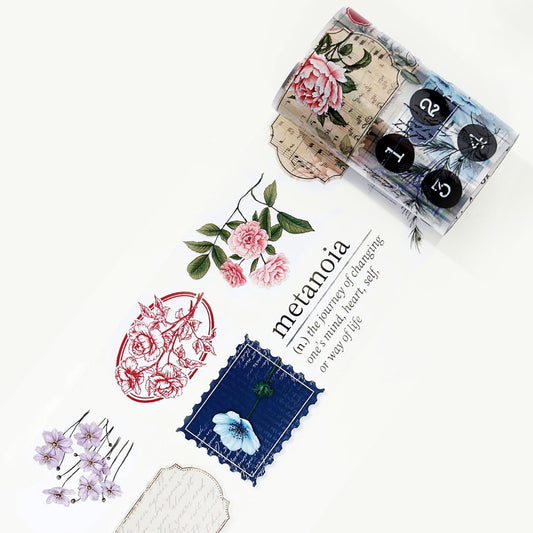 WT Season's Symphony Wide Clear PET Tape, Single Roll, Original Design, Vintage Watercolor Floral, Transparent Adhesive Tape for Journaling, Junk Journals, Bujo, Scrapbooks, Planners, DIY Crafts