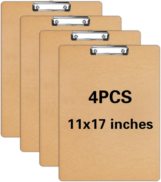 4 PCS Extra Large 11x17 clipboard, Wood Cleats with Low Profile Clips for Drawing, Sketching, and Art Boards, Horizontal Wood Lapping, Landscape Layout (3mm Thickness (4 Pack11x17 Long clipboard)