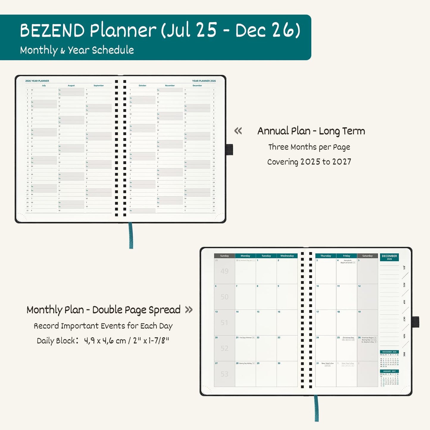 BEZEND Weekly Planner 2025-2026 with 2 Columns, 8.5" x 11" Academic Calendar 18 Months (Jul 25-Dec 26) Life Work Appointment Book with Monthly Tab, PU Leather Softcover Spiral - Fruit Green