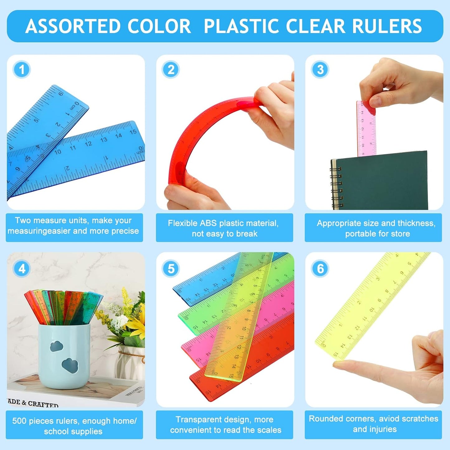 Zonon 100 Pcs 6 Inch Rulers Bulk Plastic Flexible Small Straight Rulers with Inches and Centimeters First Day of School Gift for Students Back to School Office Supplies(Colorful, Transparent)