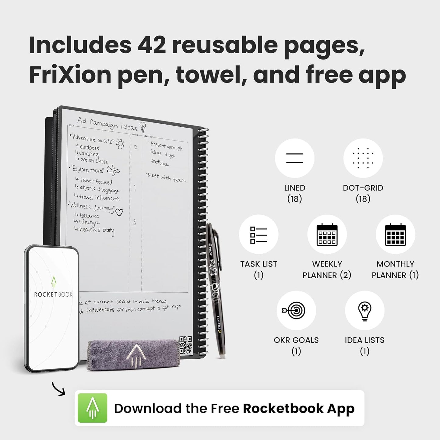 Rocketbook Fusion Smart Wiederverwendbares Notizbuch, To-Do-Listen & Notizvorlagen-Seiten | 1 Pilot Frixion Stift & 1 Mikrofasertuch, Executive - Rot