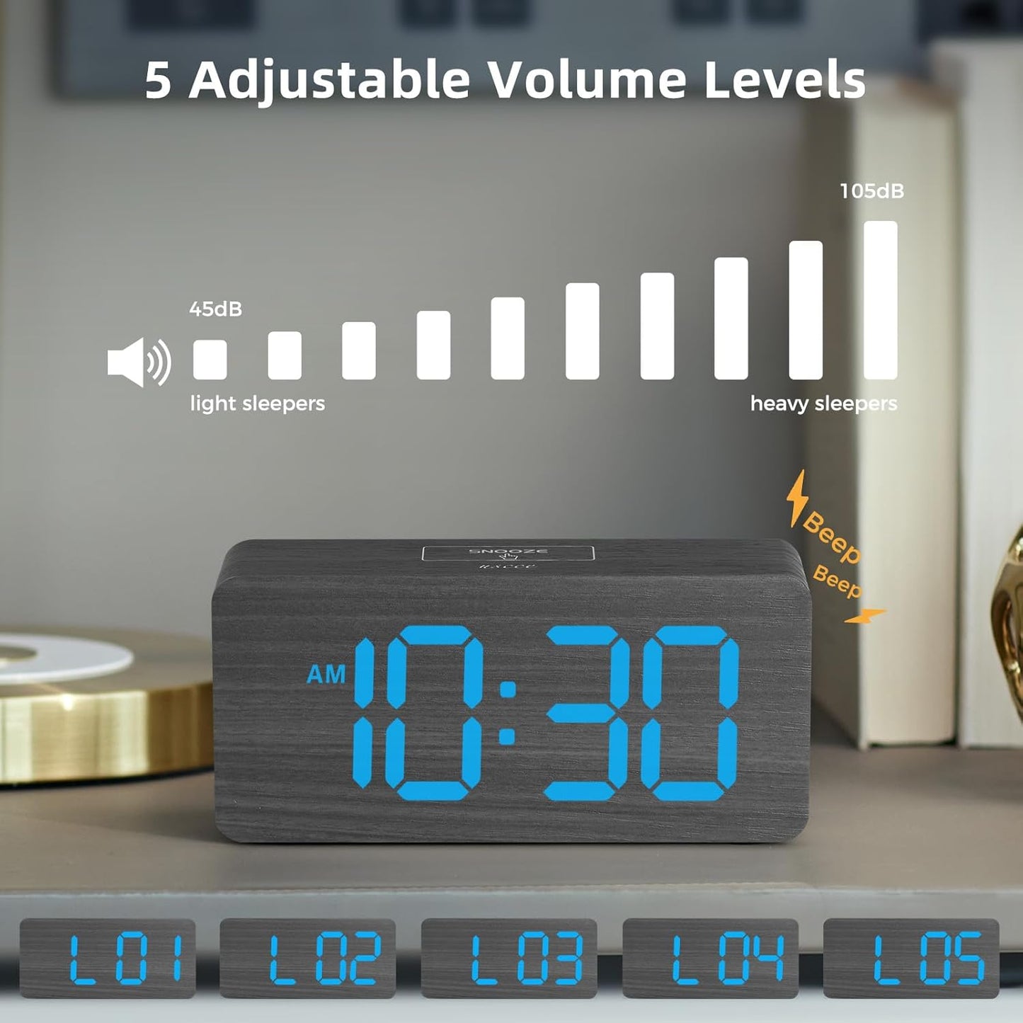uscce Wooden Digital Alarm Clocks for Bedrooms: Dimmable Dual Alarm Clock with Large Numbers for Bedside Desk - Loud Alarm for Heavy Sleepers with Volume Control - Wood Decor & Gifts