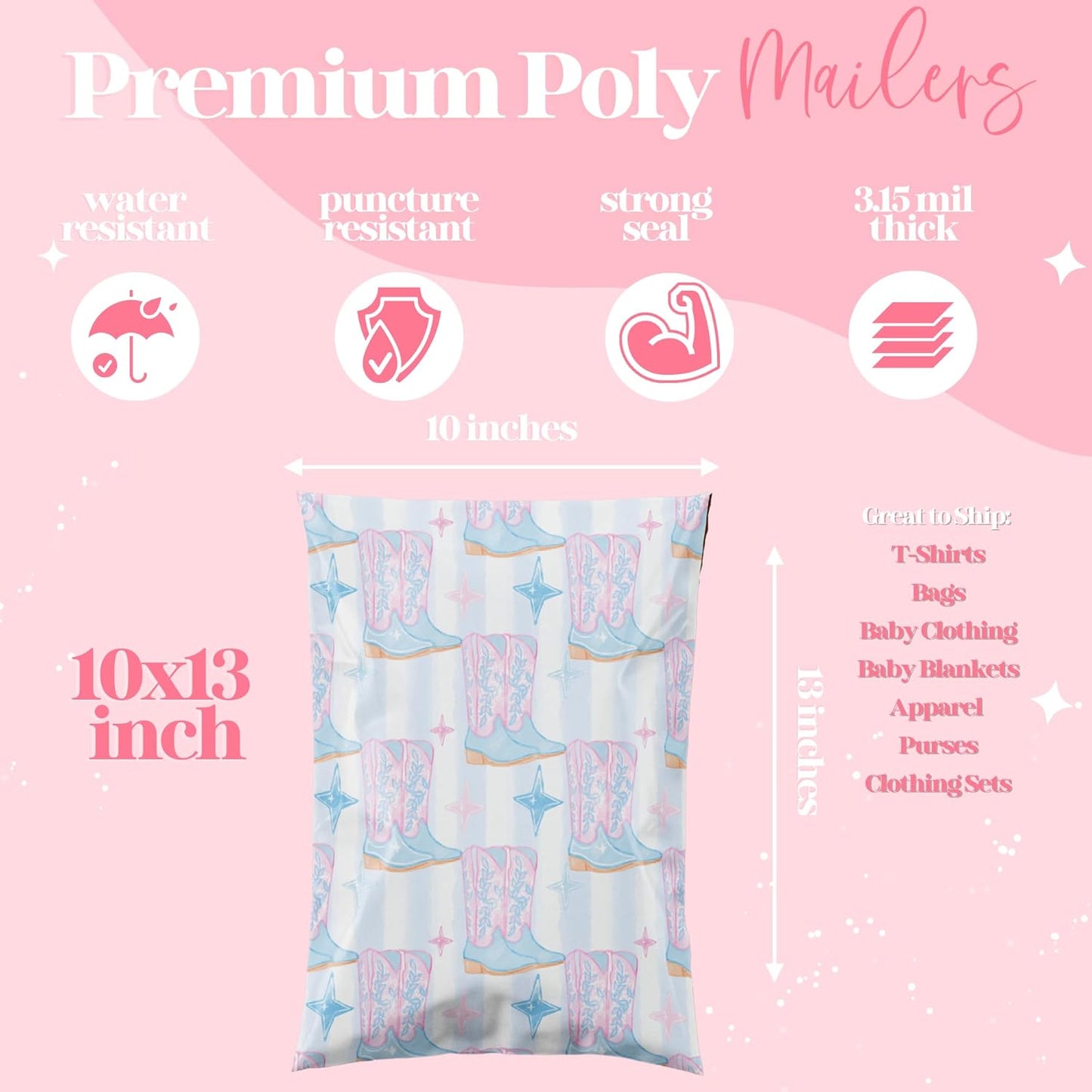 6x9 Designer Poly Mailer 100 Pack Heavy Duty Waterproof Self Seal Shipping Bags for Small Business Large Mailing Envelopes Bulk Tear Resistant Packaging Cowgirl Boots Western