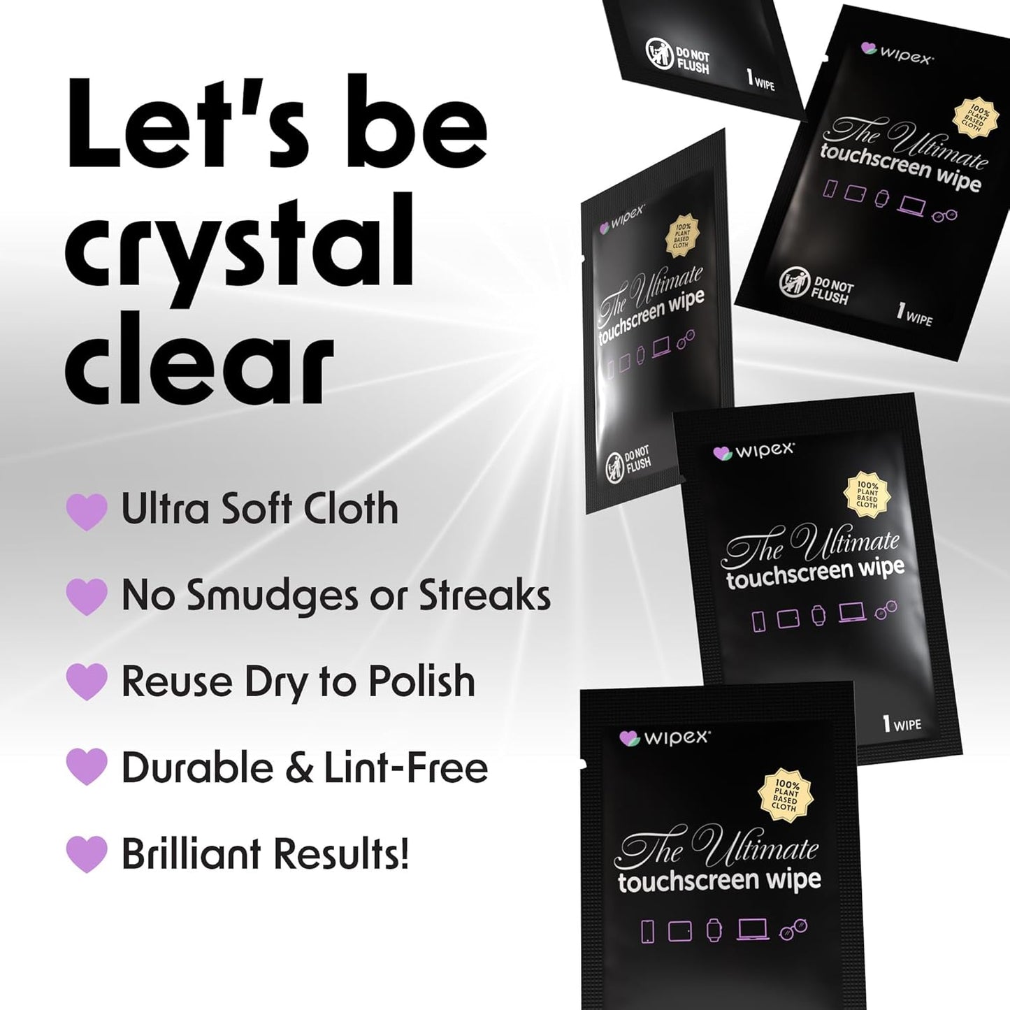 Wipex Ultimate Car Screen Cleaner - 48ct Auto Screen Wipes, Streak-Free & Residue-Free, Plant-Based Black Cloth for Interior, Mirrors & Dashboard, 24ct Individually Wrapped (Pack of 2)