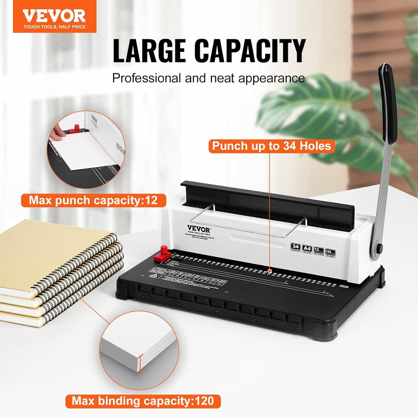 VEVOR Coil Spiral Binding Machine, Manual Book Maker 34-Holes Binding 120 Sheets, Punch Binder Adjustable 3/16" - 9/16" Coil Binding Spines, for Letter Size, A4, A5
