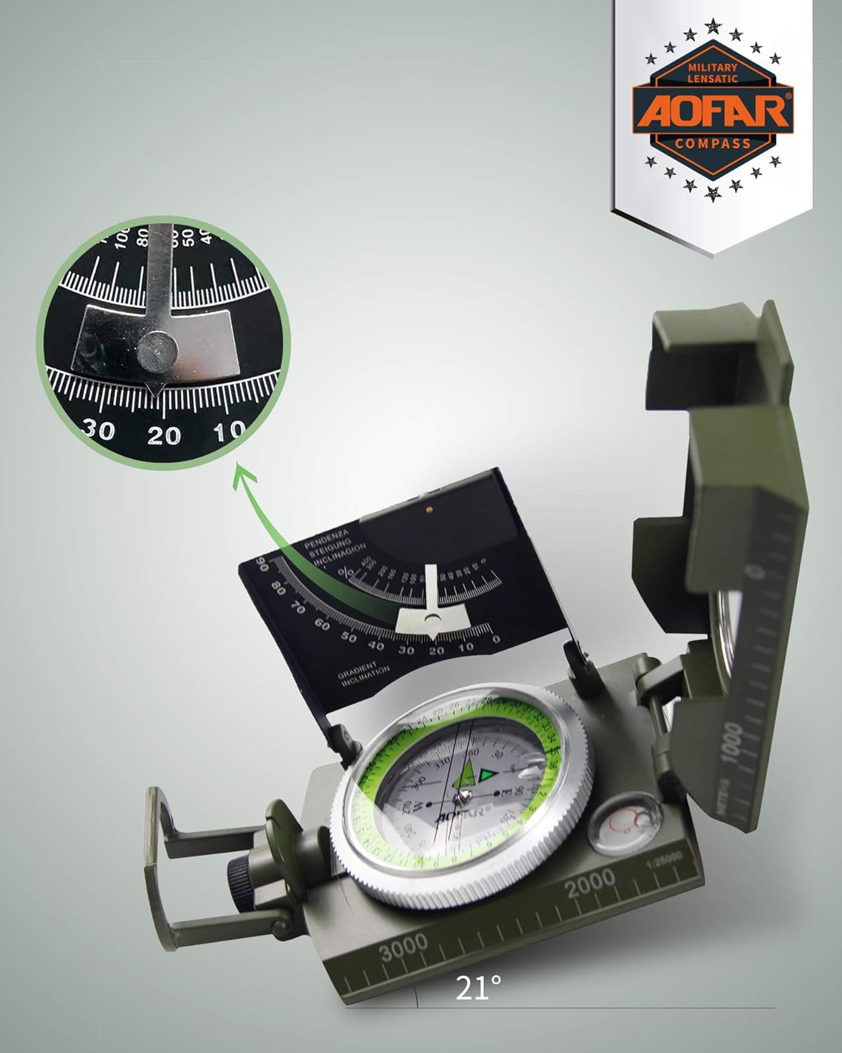 AOFAR AF-4074 Military Compass for Hiking,Lensatic Sighting Waterproof,Durable,Inclinometer for Camping,Boy Scount,Geology Activities Boating