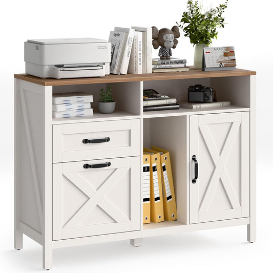 Lateral File Cabinet with 2 Drawers and Door, Farmhouse File Cabinet for A4/Letter Size Hanging Files, Large Wood File Storage Cabinets Printer Stand with Open Space for Home Office Furniture, White