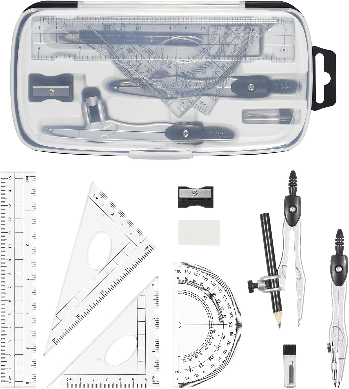 Math Geometry Kit Sets 10 Piece Student Supplies with Shatterproof Storage Box,Includes Rulers,Protractor,Compass,Eraser,Pencil Sharpener,Lead Refills,Pencil,for Drafting（Black）