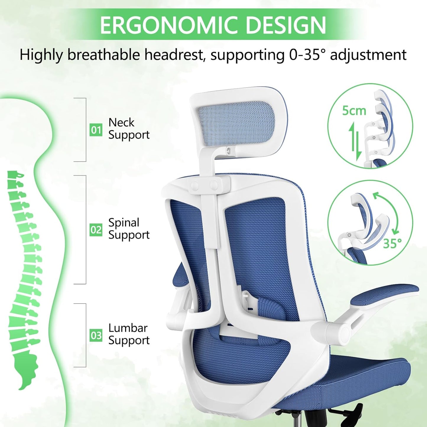 Home Office Chair,Ergonomic Big and Tall Office Desk Chair with Flip-up Arms/Headrest/Adjustable Lumbar Support/Tilt Function/450 lbs Heavy Duty Office Chair-Mesh （Blue）