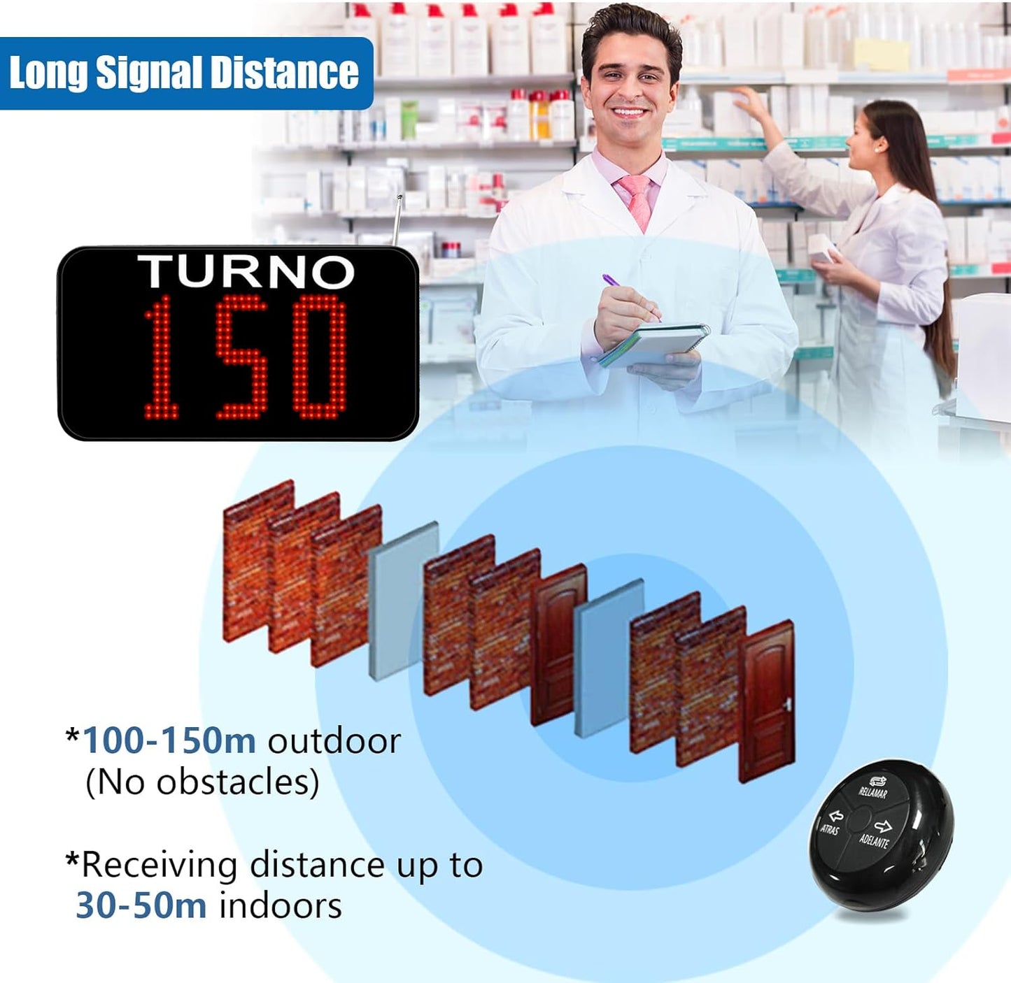 Take a Number System Queue Wireless Calling System Spanish with 1 TURNO Display 2 NEXT Call Button 1 Ticket Dispenser 3-Digit Ticket Roll for Restaurant Hospital Clinic Bank Waiting