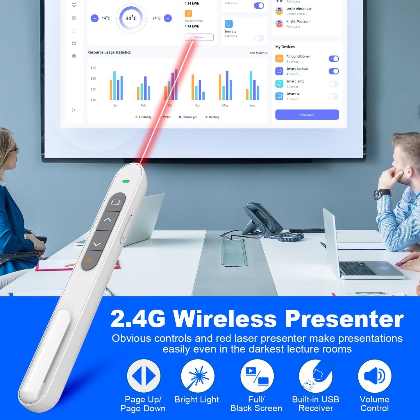 QUI Presentation Clicker for PowerPoint, RF 2.4GHz USB Wireless Presenter Remote with Volume Control, PowerPoint Clicker Slide Advancer for Mac, Windows, Laptop, Keynote
