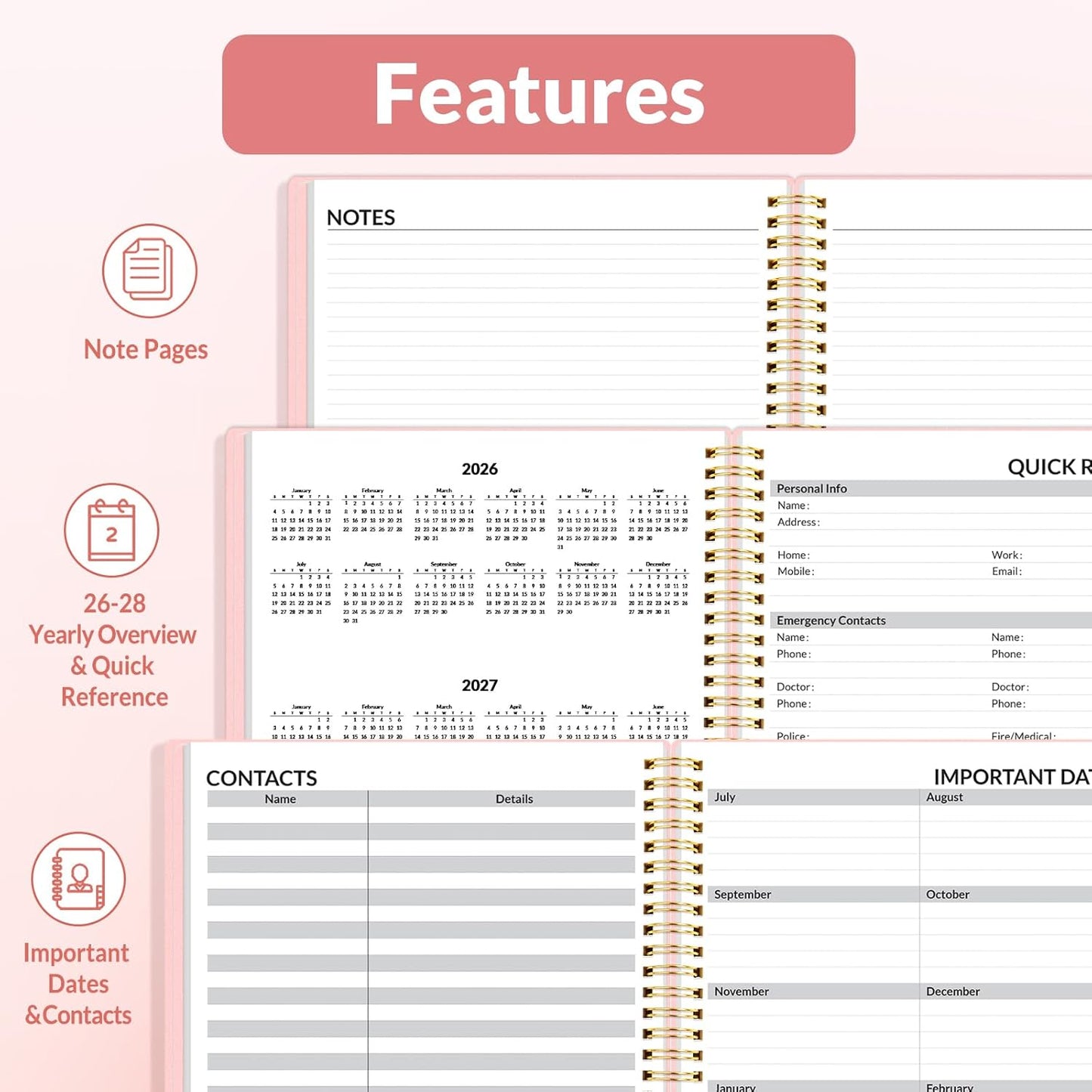 SUNEE 2026 Weekly and Monthly Planner - from January 2026 - December 2026, 8.5"x11" Daily Agenda Planner with Monthly Tab, Flexible Cover, Note Pages, Pockets, Bookmark, Spiral Binding, Pink