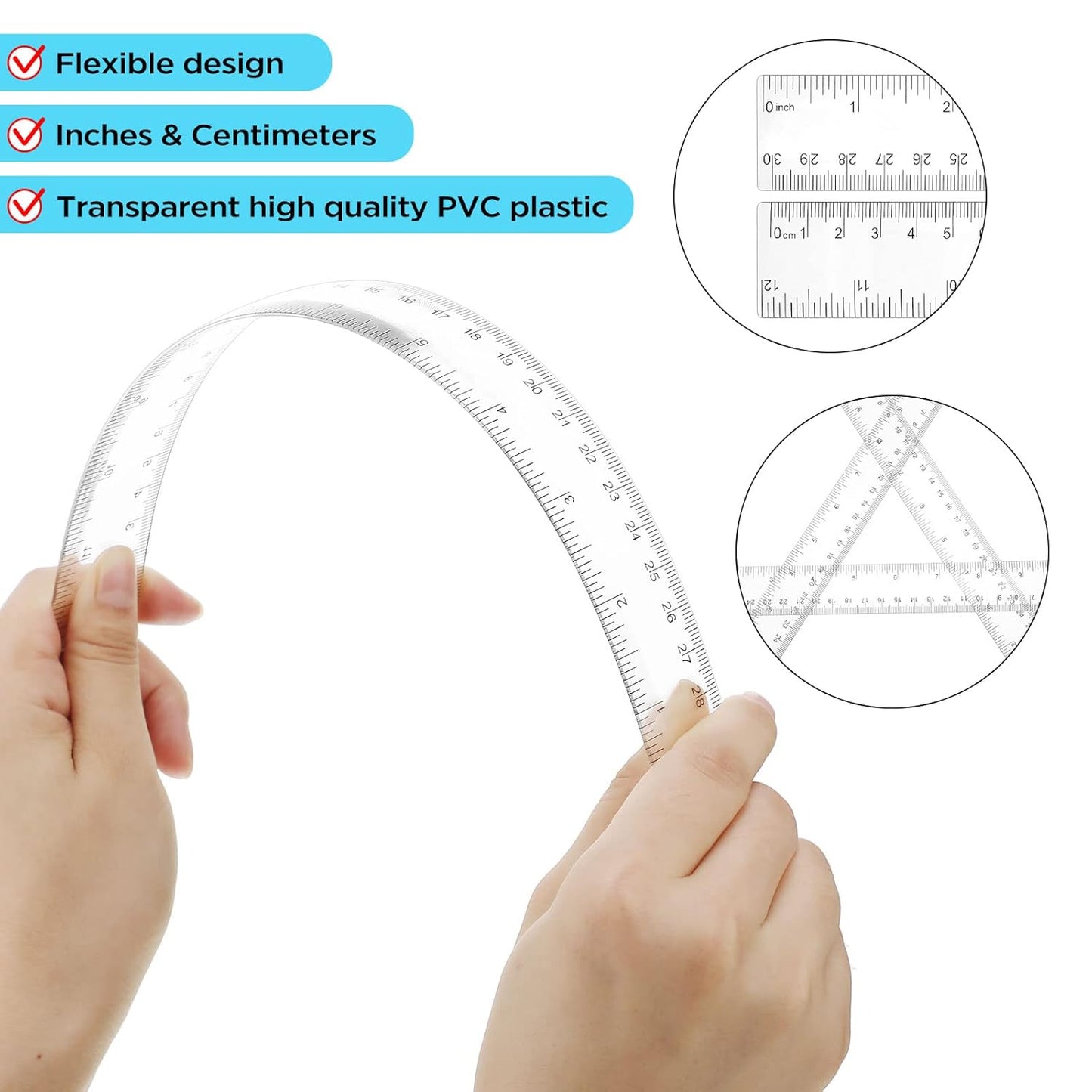 Zonon 30 Pcs 12 Inch Plastic Ruler Assorted Colors Ruler Bulk with Centimeters Millimeter and Inches Rulers First Day of School Gift for Kids School Classroom Office Supplies(Clear,Plastic)