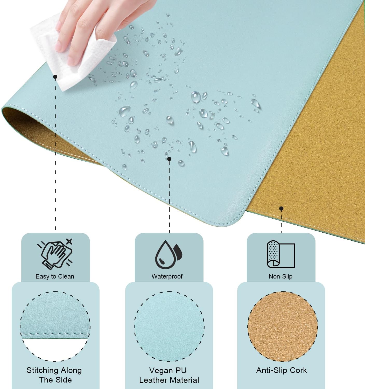 Large Desk Pad Mat - 47.2" x 17", Office Desk Mat - Non-Slip PU Leather & Cork Desk Blotter for Keyboard and Mouse - Light Blue