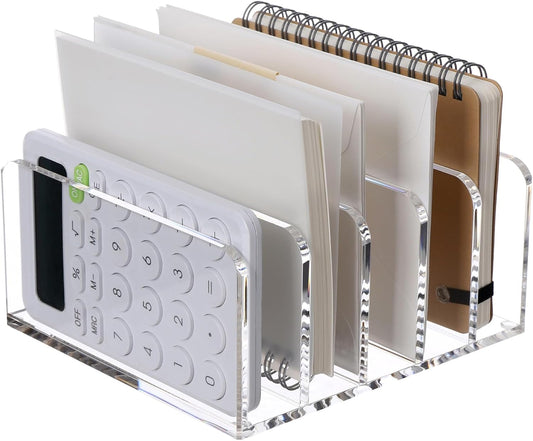 SANRUI Clear Desktop File Organizer, 5 Compartments Acrylic Office Document Sorter Mails Storage, Multifunction Letter Folder Racks Holders for Office,Home, School Desk Organization