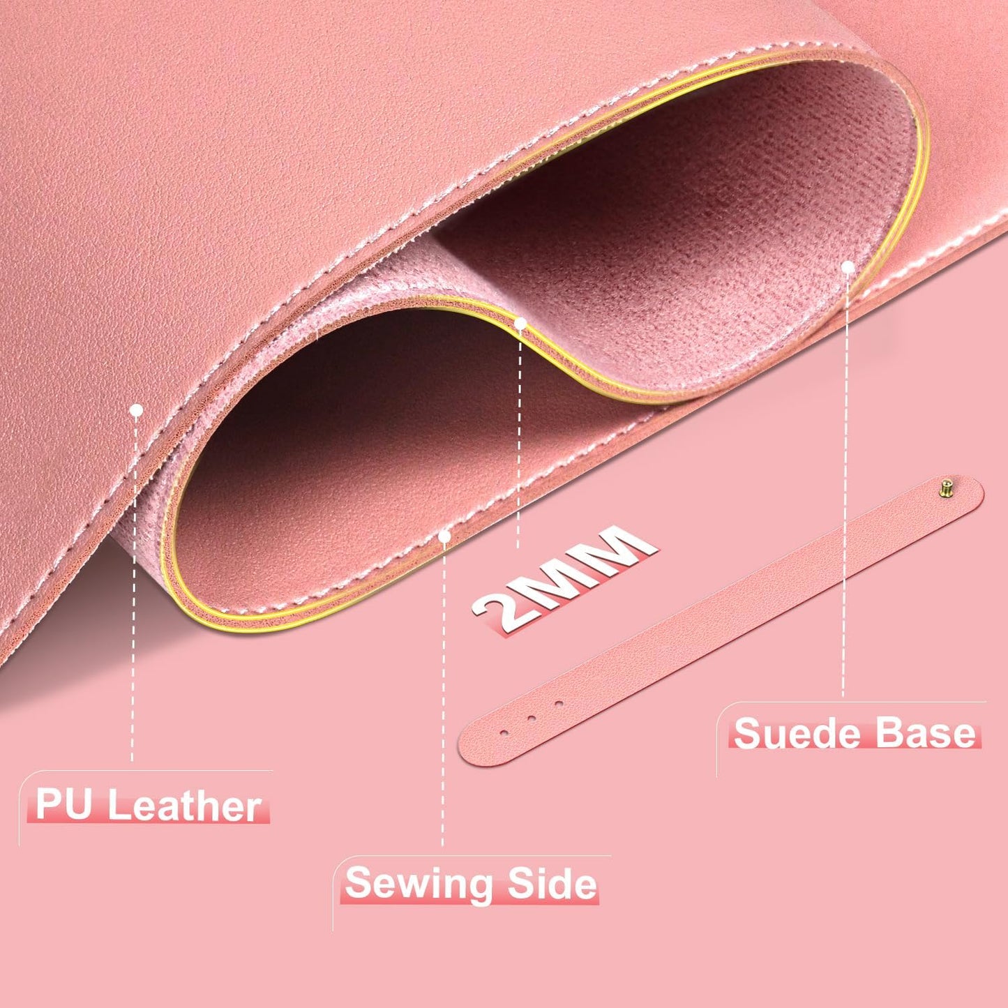 Sweet Pink Leather Desk Pad, 47.2'' x 23.6'', Suede Base Sewing Desk Blotter, Non-Slip Office Mat, Waterproof Writing Pad for Home and Office