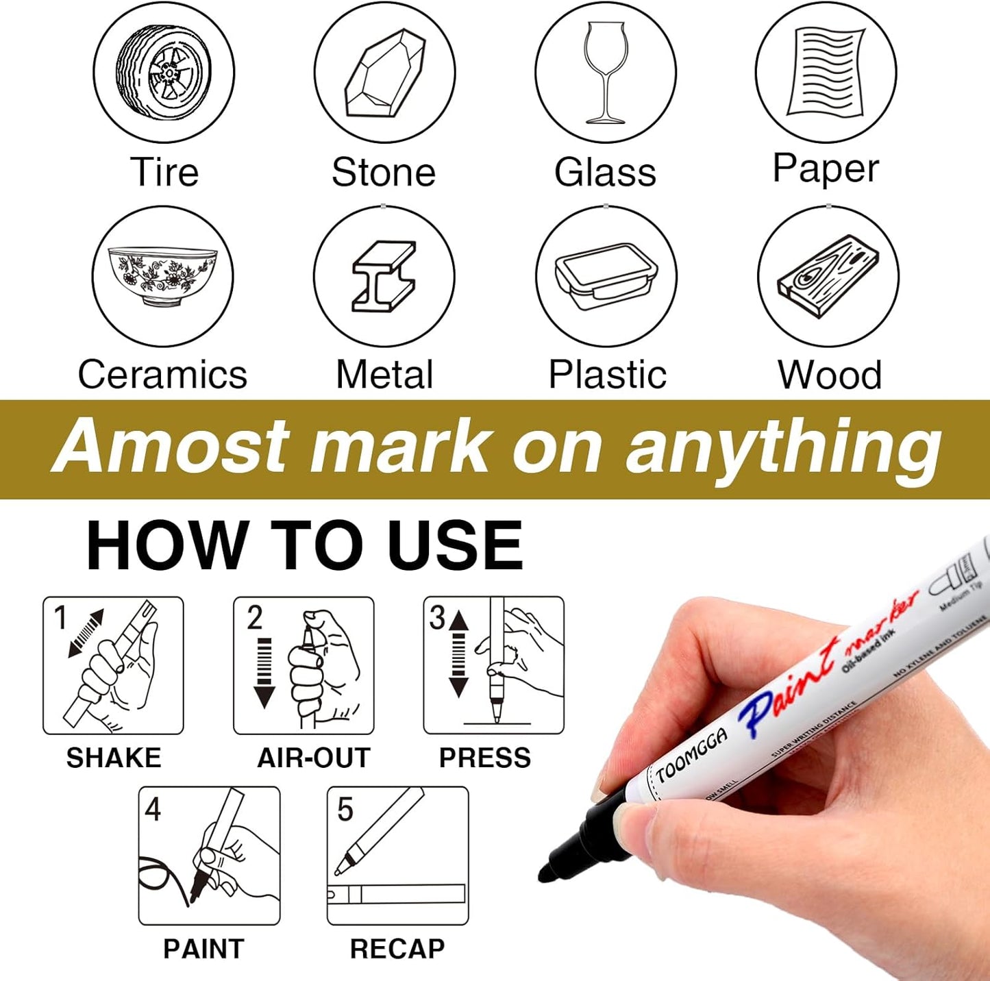 Gold and Silver Permanent Paint Pens - 2 Pack Oil Based Paint Markers, Pens for Rock Painting Car Tyre Metal, Plastic, Canvas, Mugs, Wood, Glass, Quick Drying and Waterproof, Medium Point