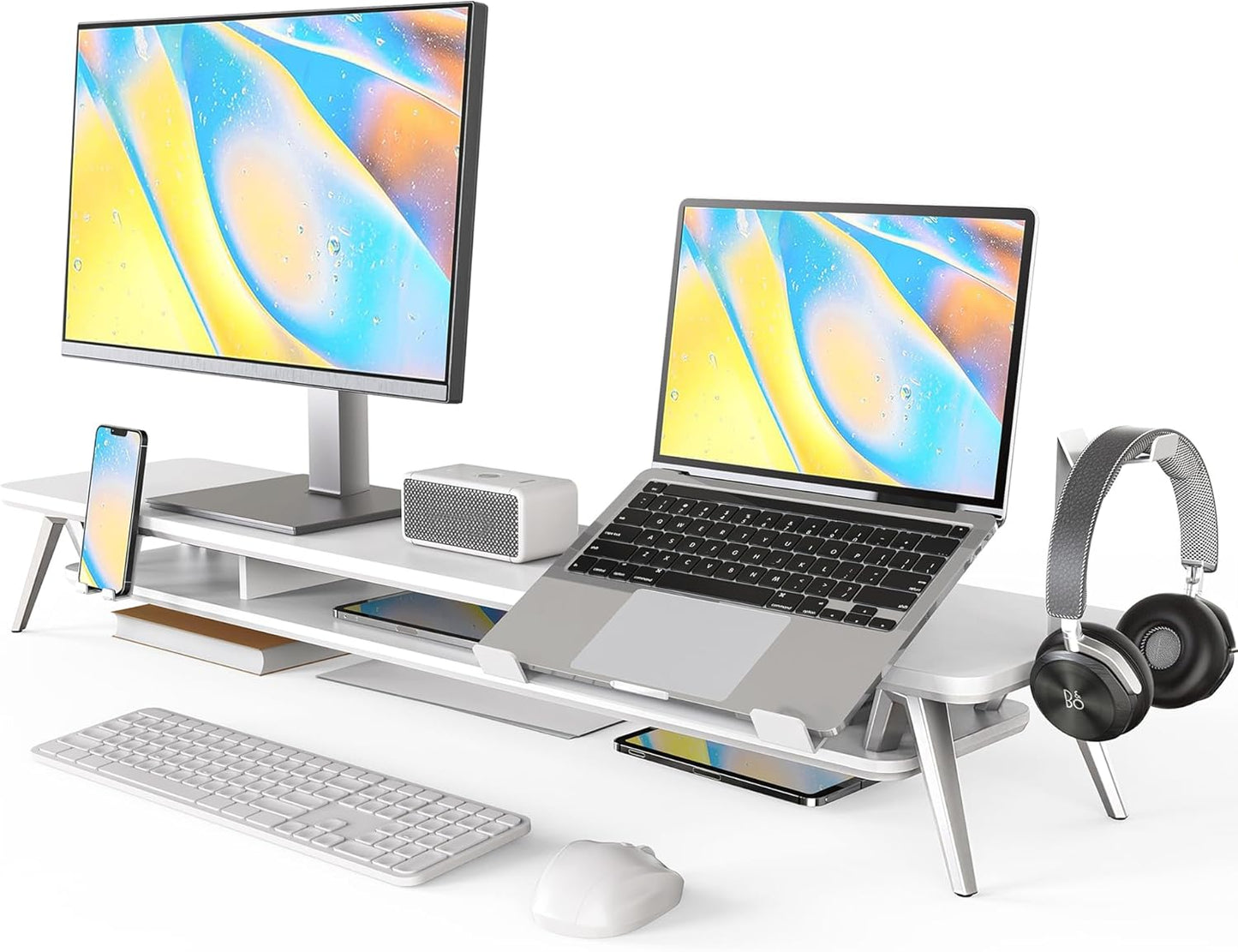 Fenge Dual Monitor Stand, Monitor Riser for 2 Monitors with Adjustable Laptop Riser , 42.5 Inch Desk Shelf for Top of Desk with Phone Holder& Headphone Stand