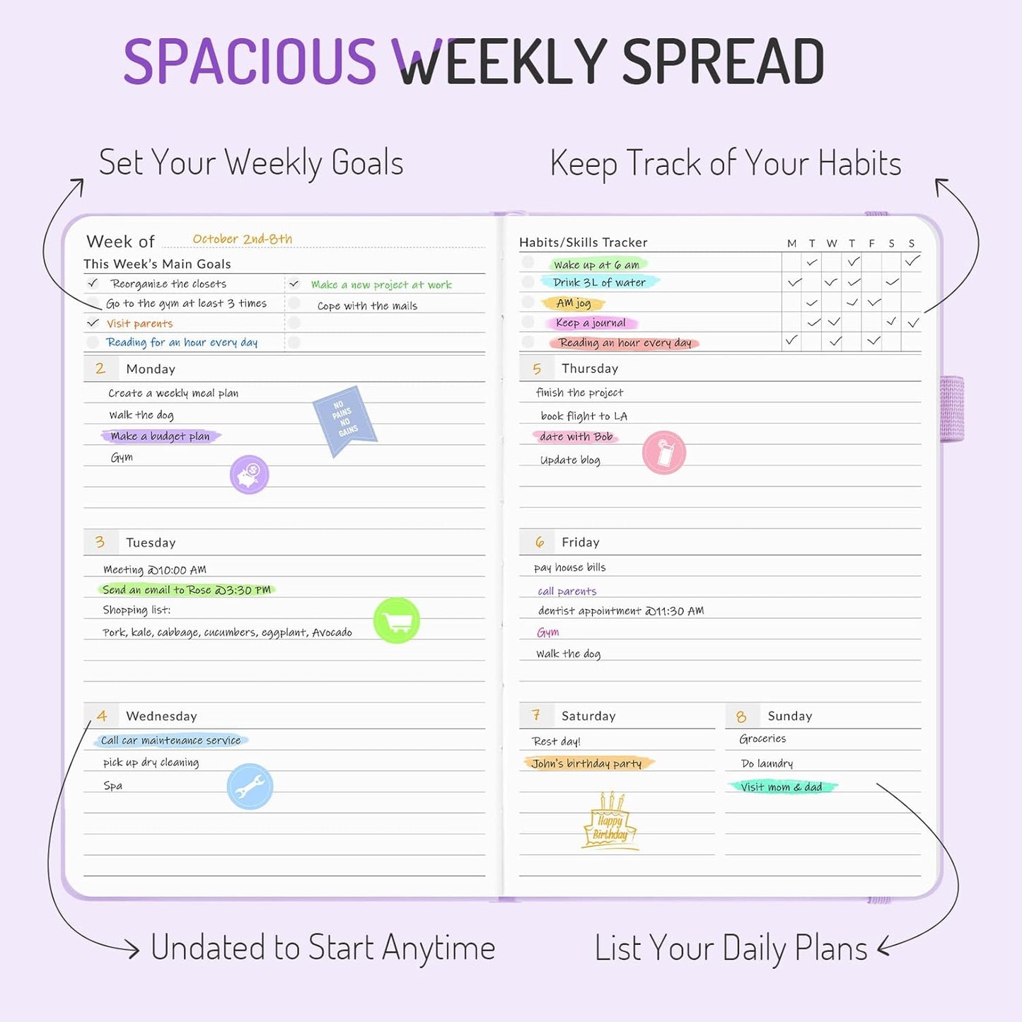 Undated Weekly Planner for 2025, Forvencer Simplified Weekly & Monthly Calendar Planner, Cute Daily Organizer Notebook, Agenda Journal to Track Goals & Tasks, Start Anytime, A5 Size, Black