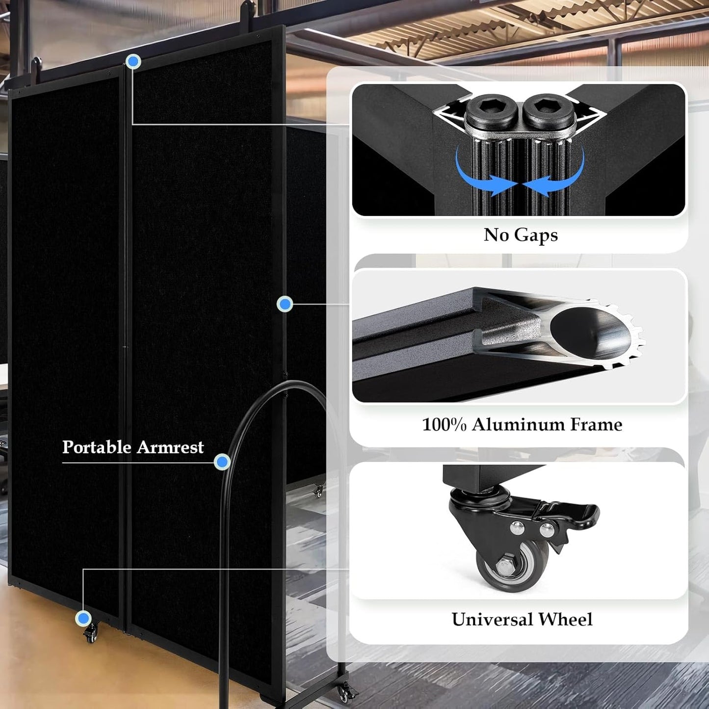 Folding Room Partition,Privacy Room Screen with Arms,Office Dividers Partition Wall,10'2"L* 6'7"H,Black