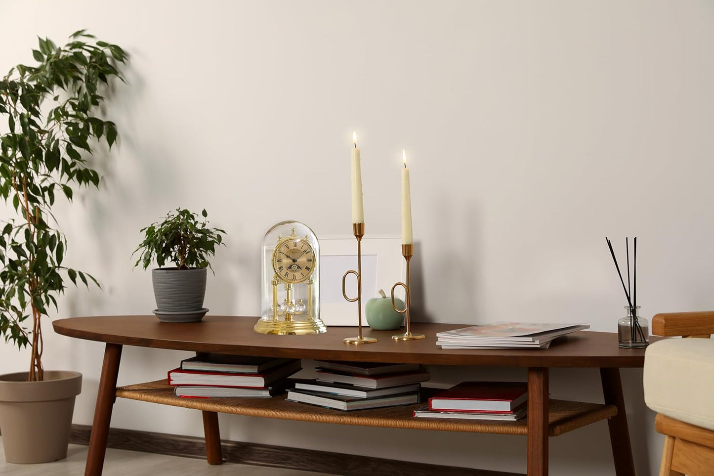 Bulova Tristan I Desk and Table Clock | Model B8818 | Polished Brass Finish | Polished Metal Base | Floating Dial | Roman Numerals | Elegant Pendulum Design