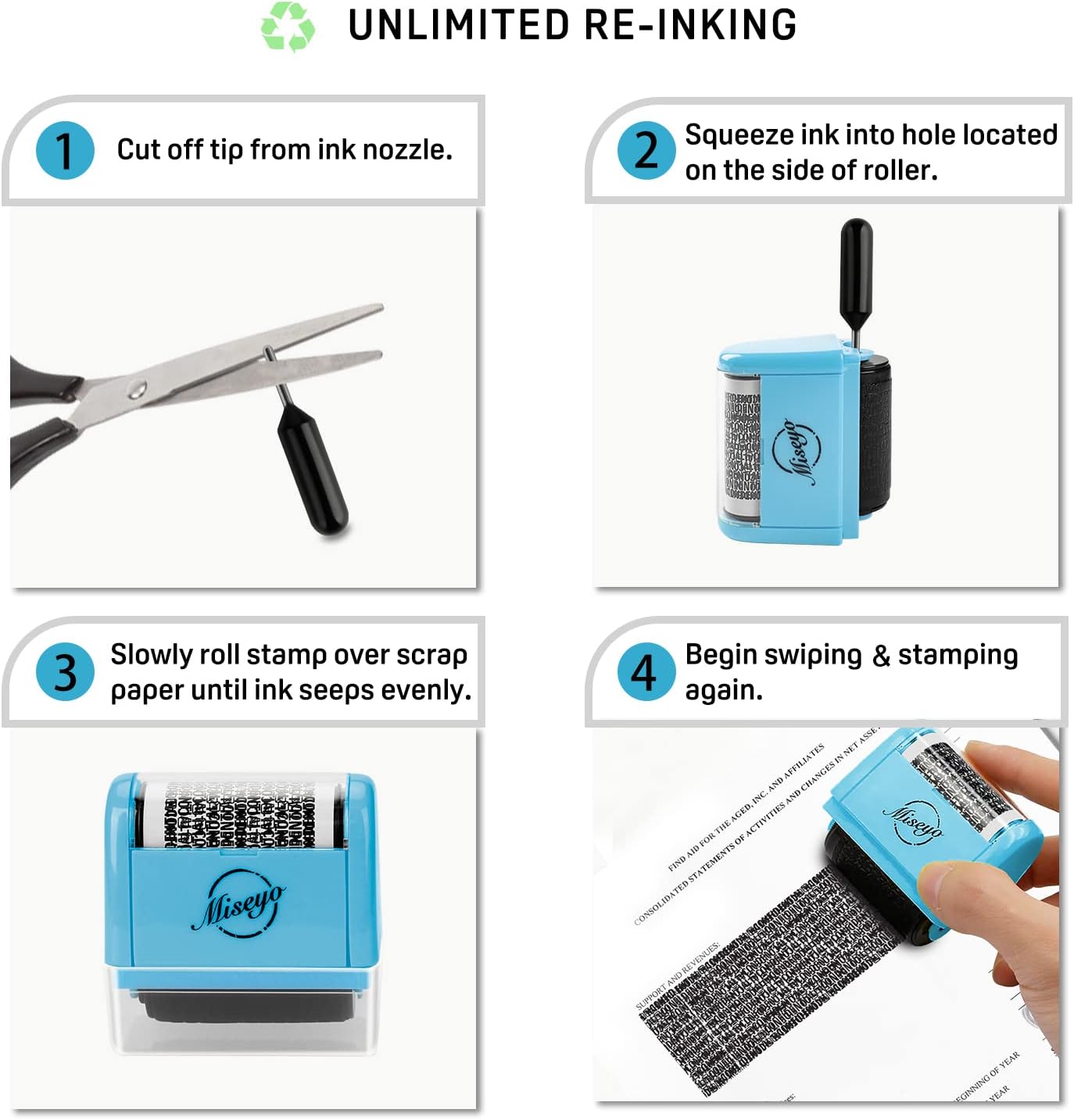 Miseyo Wide Identity Theft Protection Roller Stamp Set - Blue (3 Refill Ink Included)