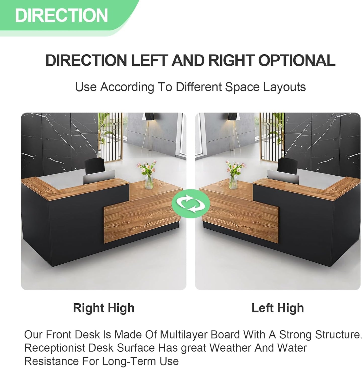 Modern Reception Desk with Counter and Drawer Office Front Desk with Cabinet Wooden Commercial Reception Table Checkout Counter for Retail Salon Lobby Black and Wood Right 71inch/180cm