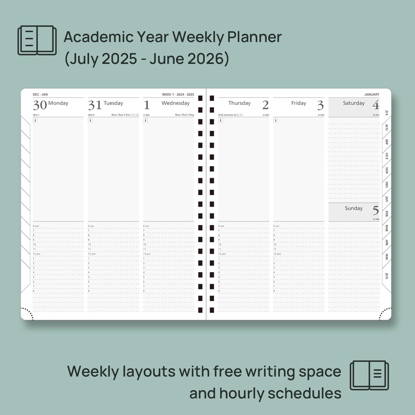 POPRUN Academic Planner 2025-2026 (July 2025-June 2026), Daily Weekly and Monthly Appointment Book (Wirebound Hard Cover - 10'' x 8'') with Hourly Time Slots, Tabs, 100 GSM - Light Pink