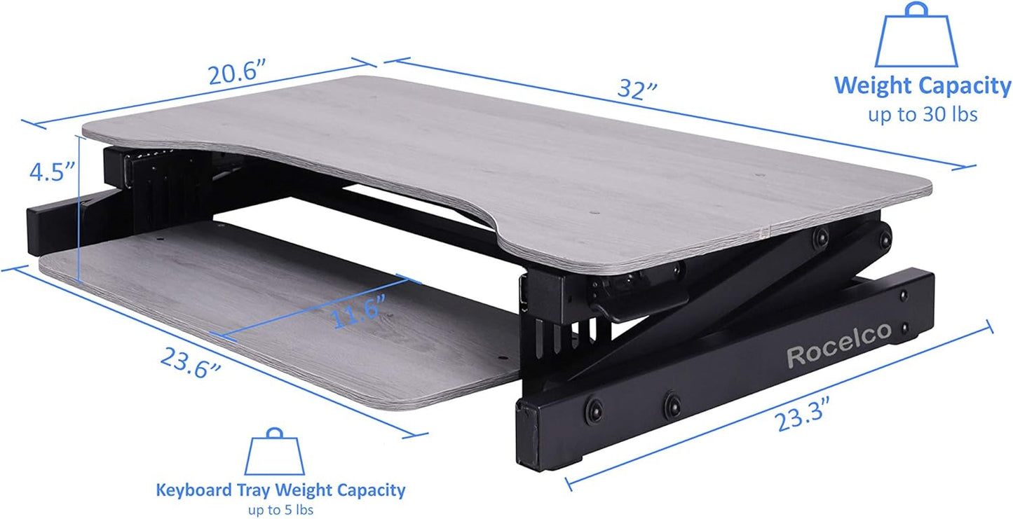 Rocelco 32" Height Adjustable Standing Desk Converter with Anti Fatigue Mat Bundle - Slide Out Retractable Keyboard Tray - Sit Stand Up Dual Monitor Riser - Computer Workstation - Gray (R ADRG-MAFM)