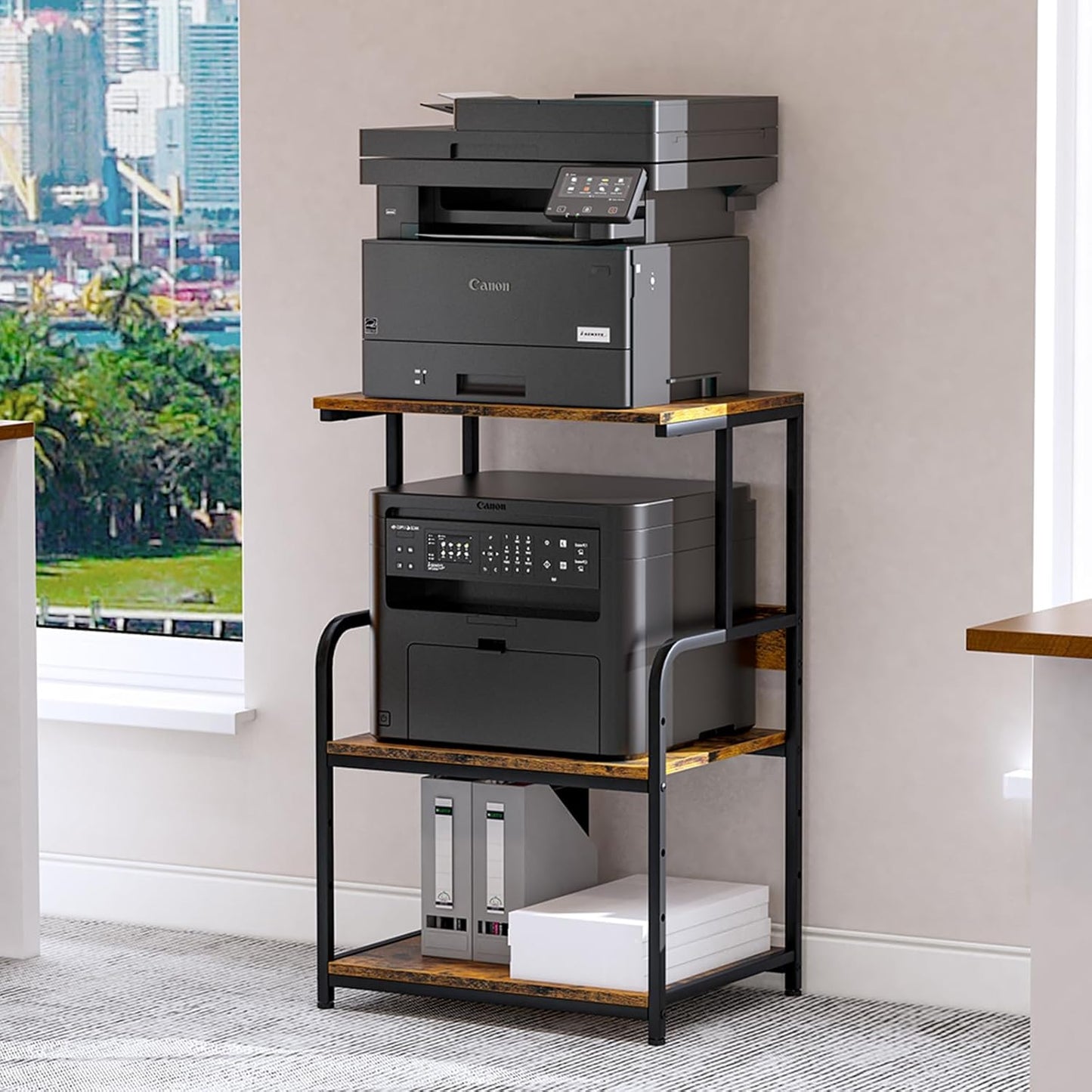 Printer Stand with Storage Shelf,3 Tier Printer Cart with Wheels,Mobile Printer Table for Home Office,Stands for Printer Heat Press Scanner Fax,Industrial Style (Brown)