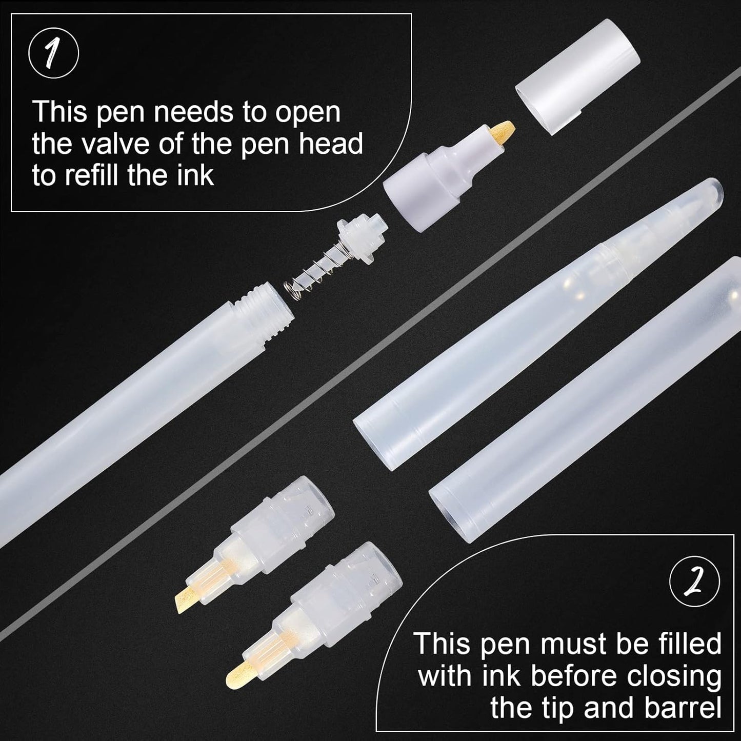 Set of 5 Empty Refill Paint Markers Blank Refillable Paint Pens Empty Refillable Marker for Painting, Transparent Pen Tube, Fill with Your Own Art Acrylic, Oil and Watercolor