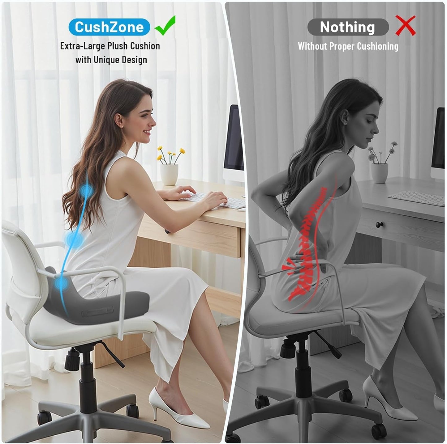 Seat Cushion, Memory Foam Office Chair Cushions, Ergonomic Curved Design for Sciatica, Tailbone, Coccyx, Seat Support for Car, Desk Chair, Wheelchair, Enhances Long Sitting Comfort (Grey)