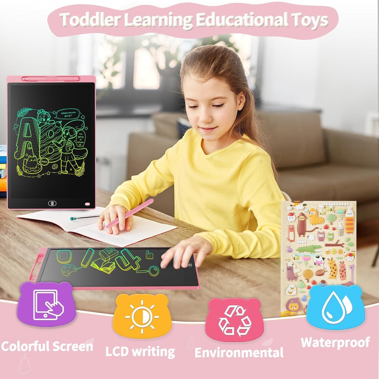 [2 Pack] Genialba LCD Writing Tablet 10-Inch Colorful Doodle Board, Toddler Learning Educational Toys Gifts for 3-8 Years Old Girls and Boys, Electronic Drawing Pad for Kids (Pink&Blue)