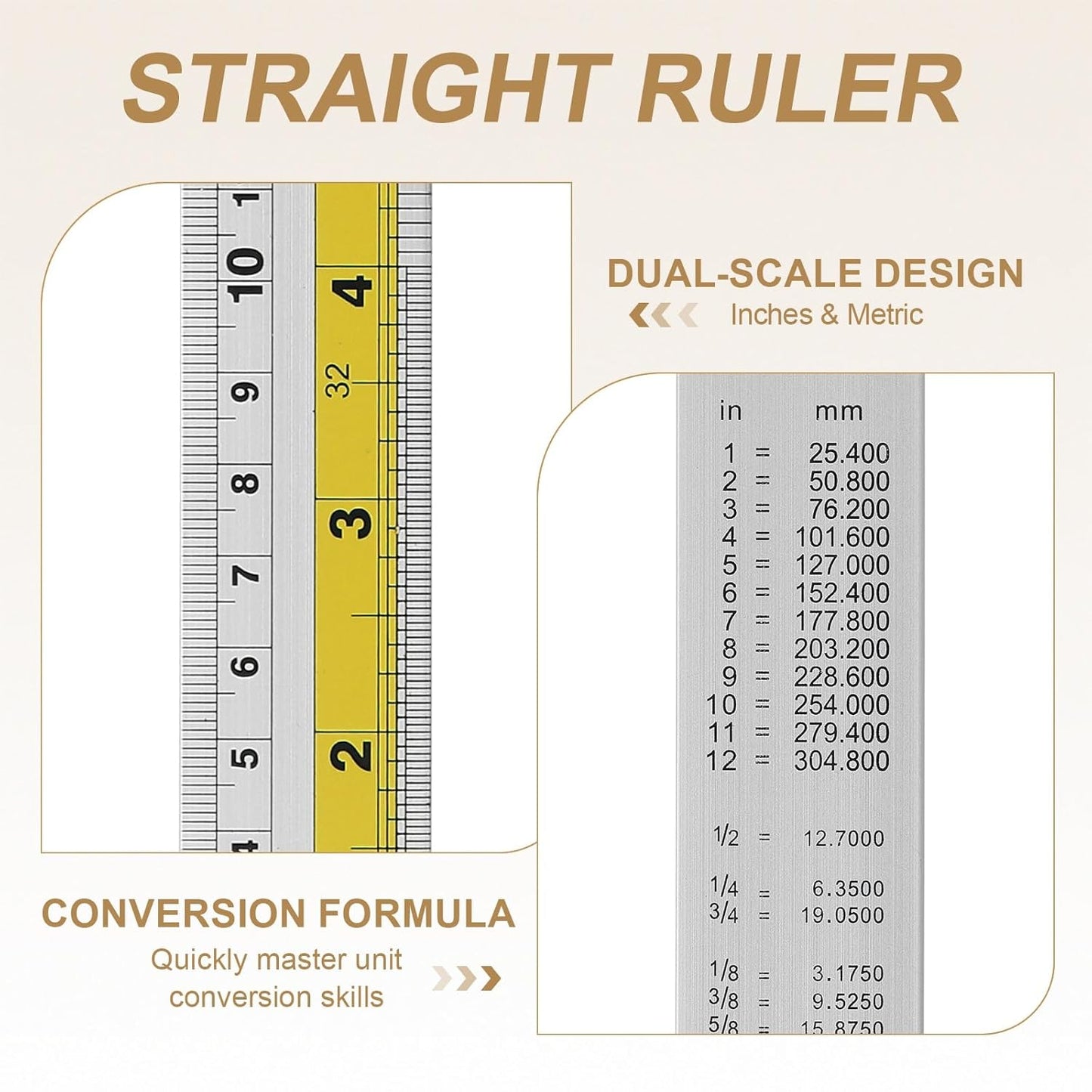 HARFINGTON 2pcs Metal Straight Ruler 20cm Metric SAE Aluminum Alloy Measuring Rulers Scale Tool with Hole for Measure Study Reading Classroom Office, Yellow