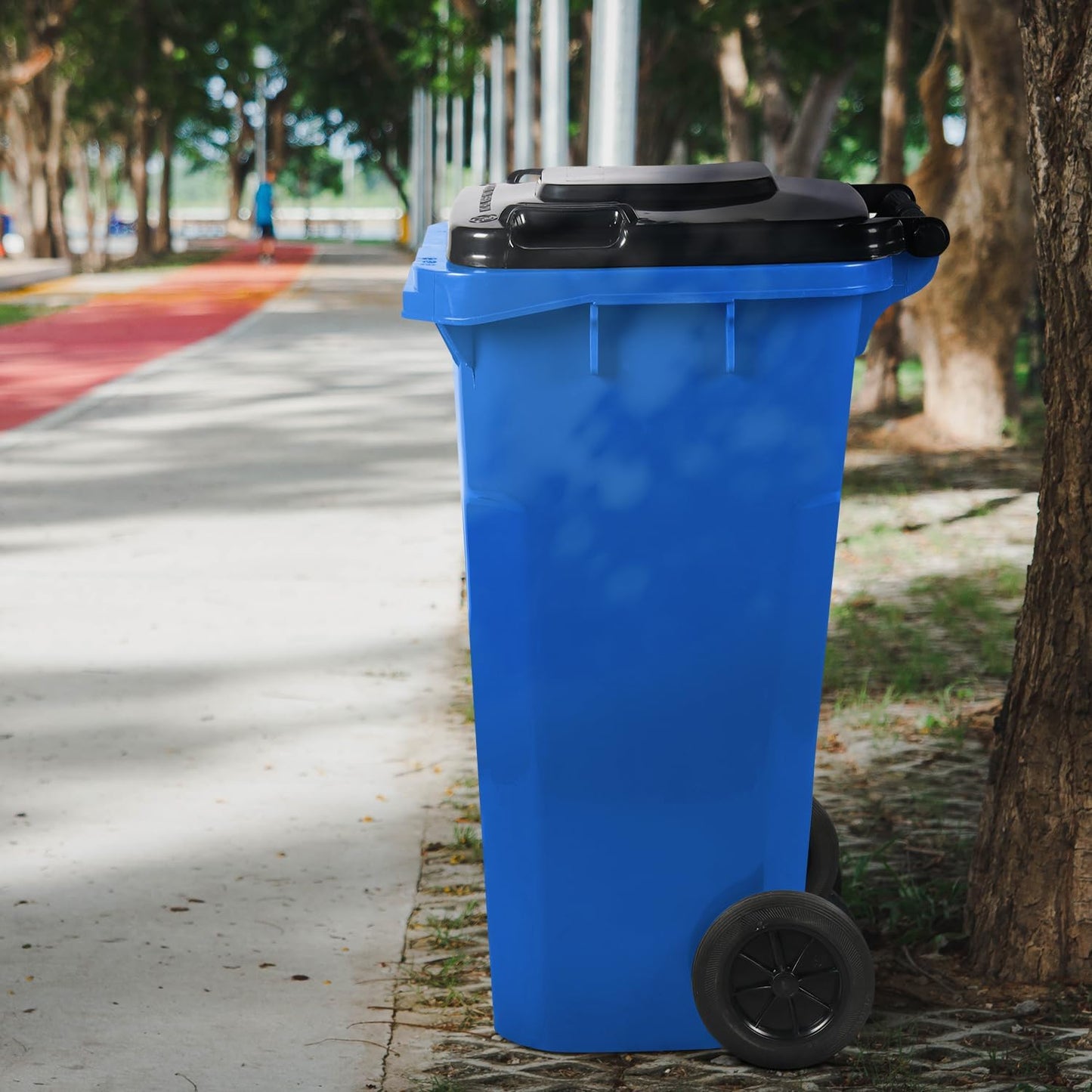 32 Gallon Trash Can with Wheels and Lid, Rolling Recycling Bin Outdoor with Wheels, Commercial Wheeled Garbage Can for Home Garage Office, Set of Blue and Gray