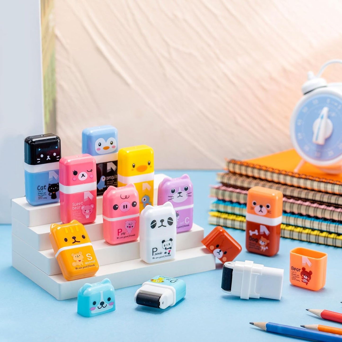 Seajan 44 Pcs Erasers for Kids Gift Bulk Cute Animal Themed Pencil Eraser with Clean up Roller for School Party Christmas Favors(Classic)