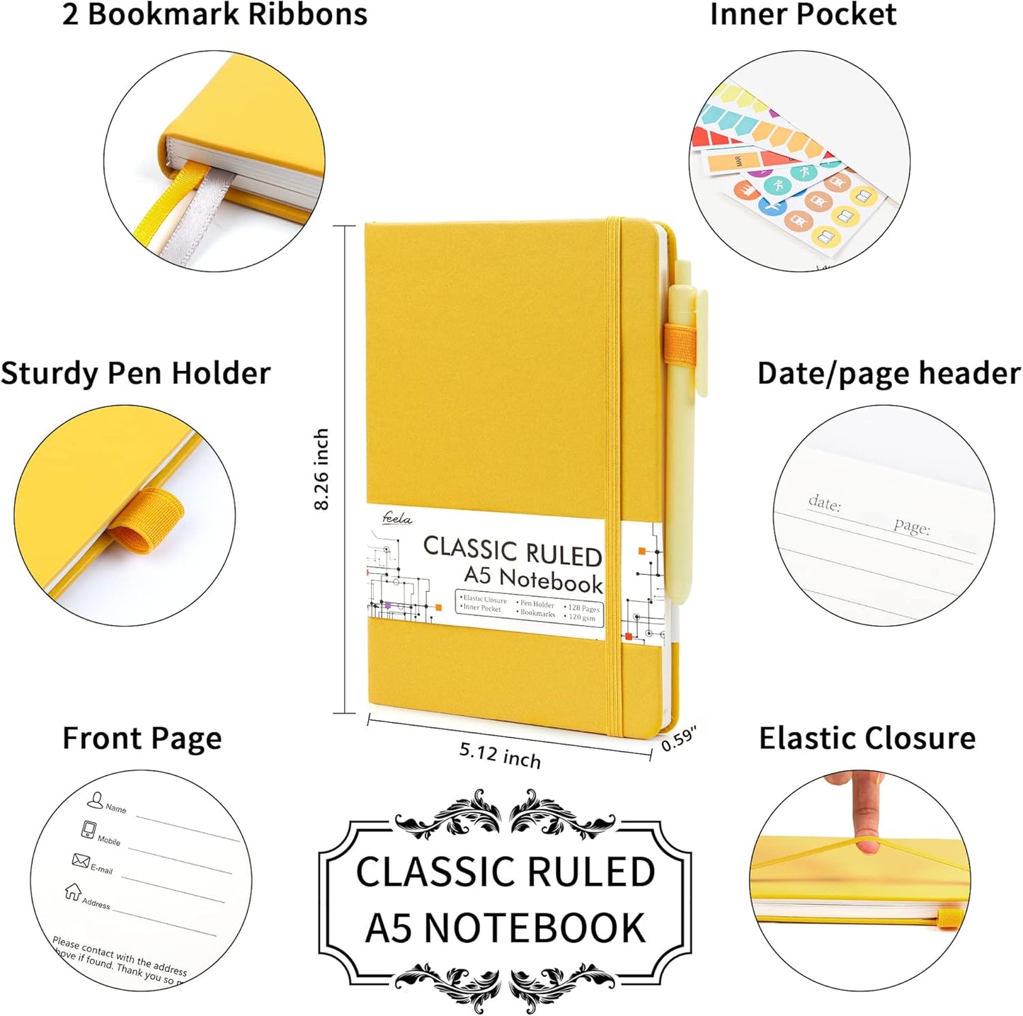 feela 8 Pack Journal Notebook Bulk for School, Hardcover Business Notebooks Classic Ruled Lined Journals with Pen Holder for Work Note Taking, with 8 Black Pens, 120 GSM, 5.1”x8.3”, A5, Yellow
