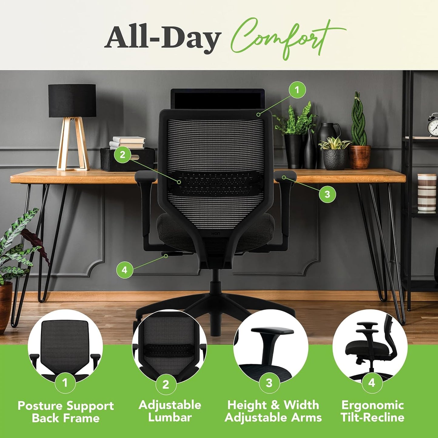 HON Solve Mesh Back Office Chair with Adjustable Arms, Adjustable Height, Tilt Tension, Lumbar Support, Swivels, on Rolling Wheels, Midnight