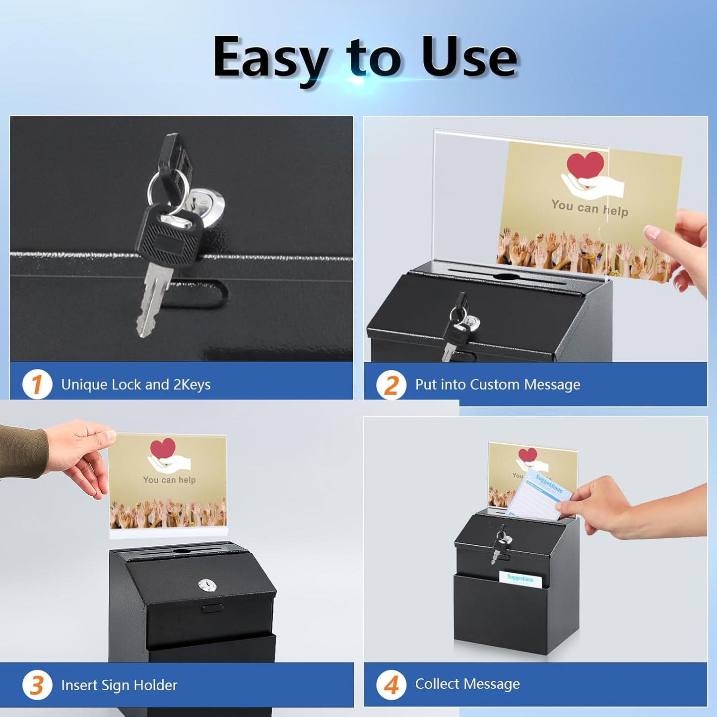 KYODOLED Suggestion and Ballot Box with Lock and Slot, Metal Wall Mounted Donation Key Drop Box with Clear Acrylic Sign Holder and 50 Free Suggestion Cards & 2 Keys, 8.5H x 5.9W x 7.3L Inch, Black