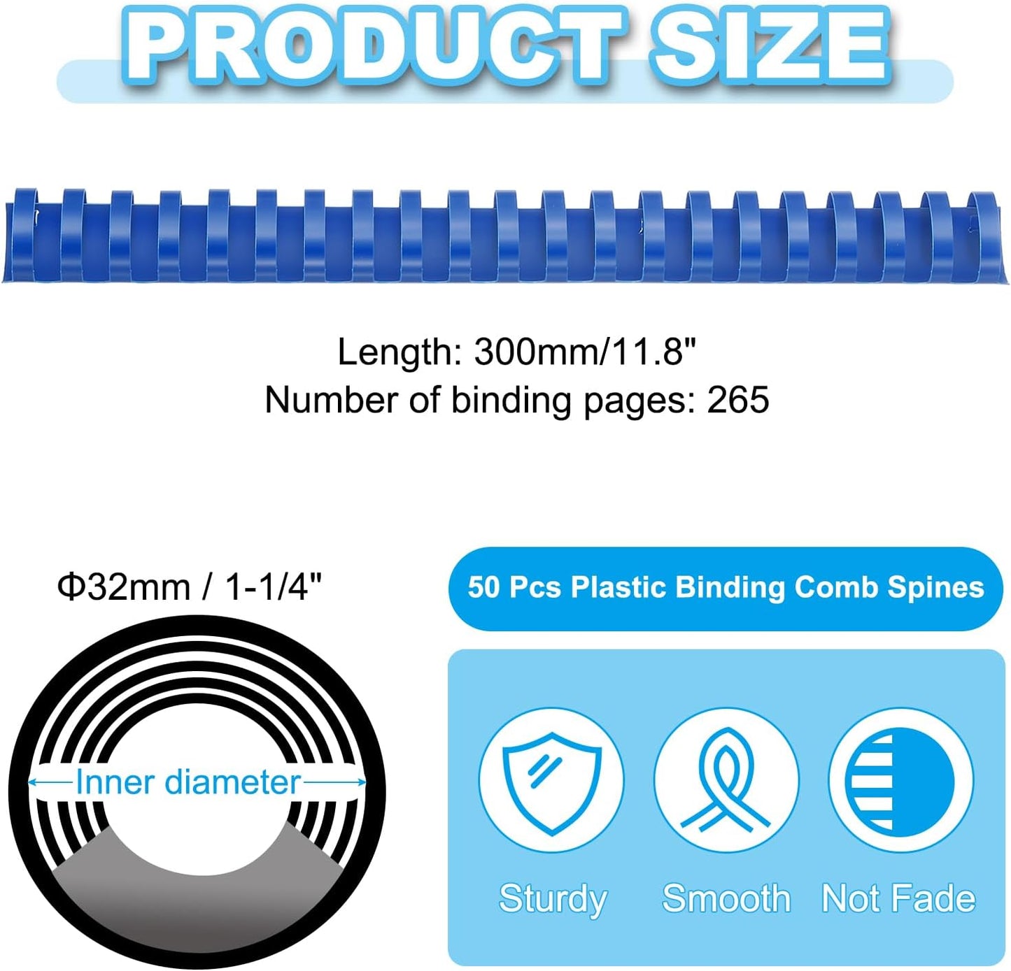 PATIKIL 32mm (1-1/4") Plastic Binding Combs, 50 Pcs 21 Rings Comb Binding Spines 265 Sheet Capacity Letter Size for Binding Paper Sheets Notebook Calendar Picture Album, Blue