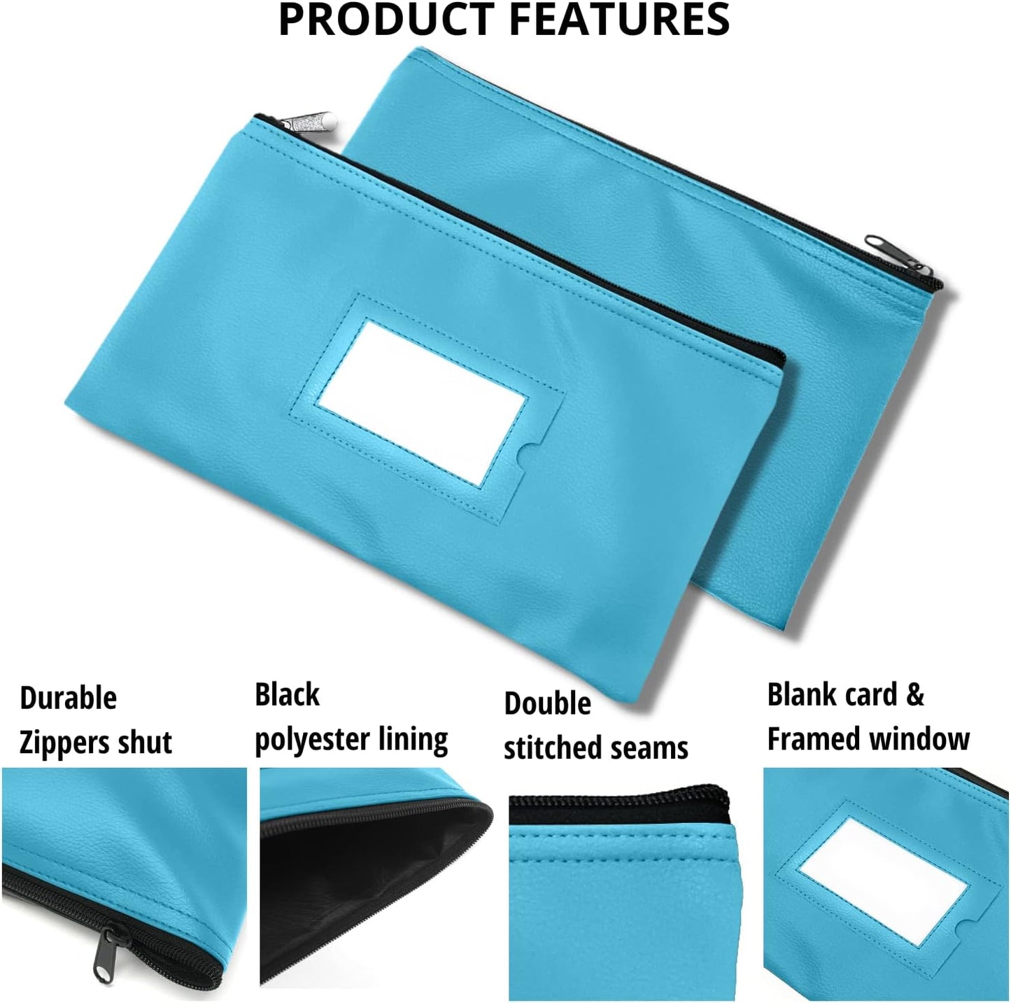 Money Bank Deposit Bag with Zipper | 11x6 inch | Light Blue | Durable Leatherette Money Cash Coin Check Wallet Pouch for Men & Women with Framed ID Window and Blank Card | by GIDABRAND (5)