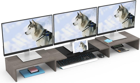 WESTREE Triple Dual Monitor Stand Riser, 56" Extra Long Monitor Stand for 1~2~3 Monitors, Monitor Stand with Length and Angle Adjustable, 3 Shelf Desktop Organizer Riser for Monitor Computer Laptop