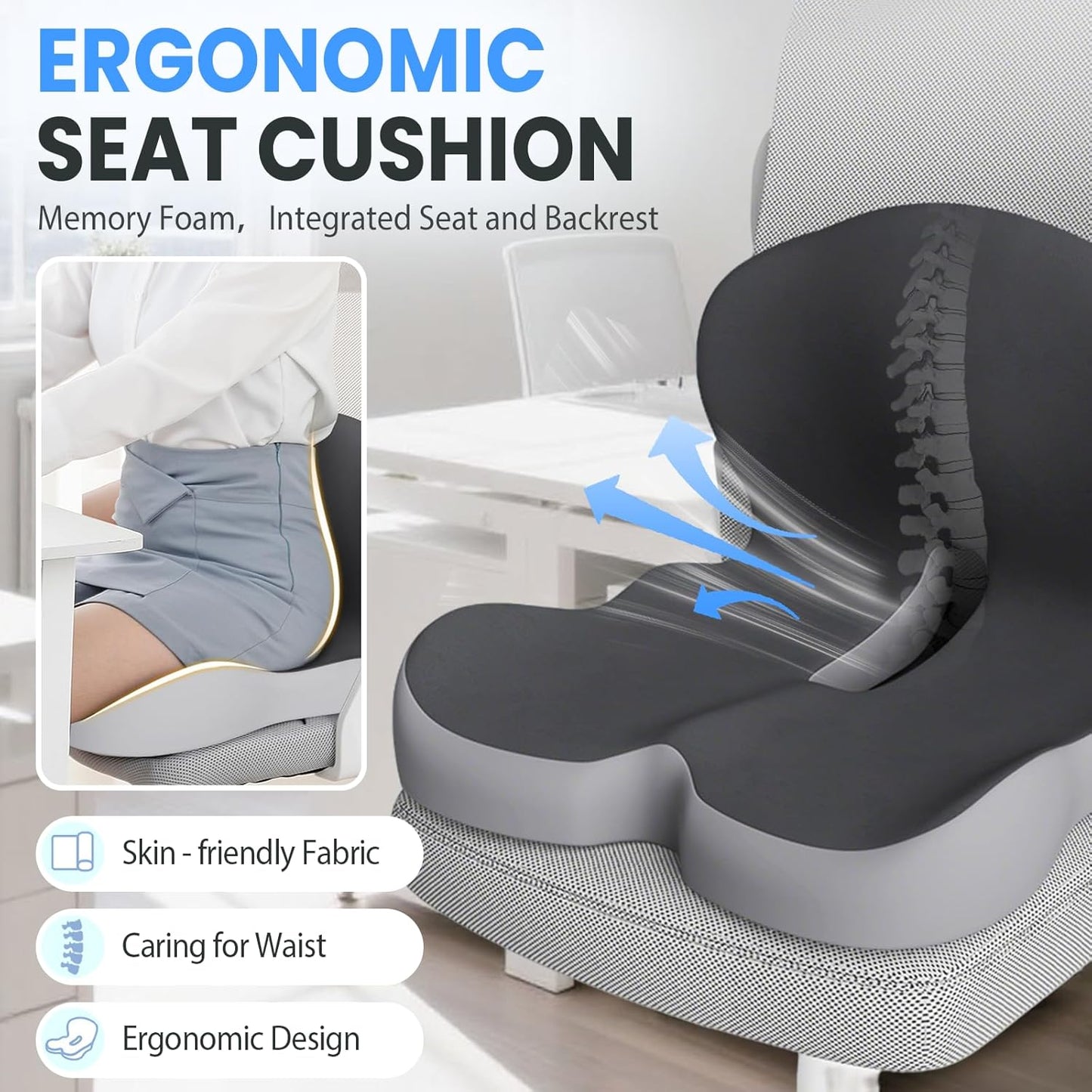 Back and Seat Cushion, 2025 New Ergonomic Non-Slip Memory Foam Seat Cushion with Back Support, L-Shaped Breathable Seat Cushions for Car, Office, Home (Blue)